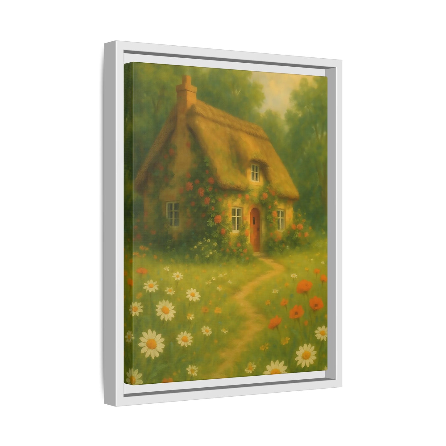 Cottage in Bloom – Framed Matte Canvas Art of Thatched Cottage & Wildflowers