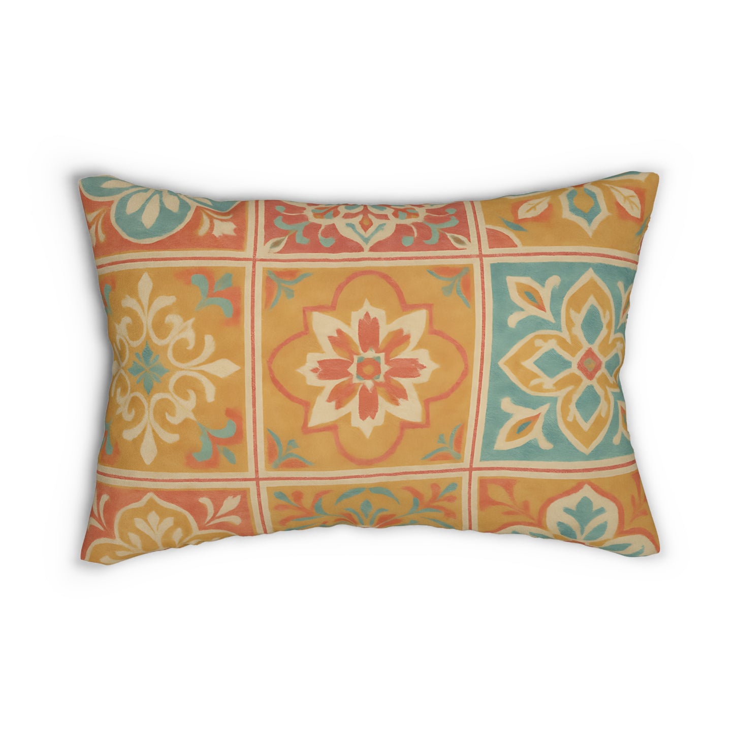 Colorful Spanish Tile Pattern Lumbar Pillow – Boho Accent Cushion with Removable Cover