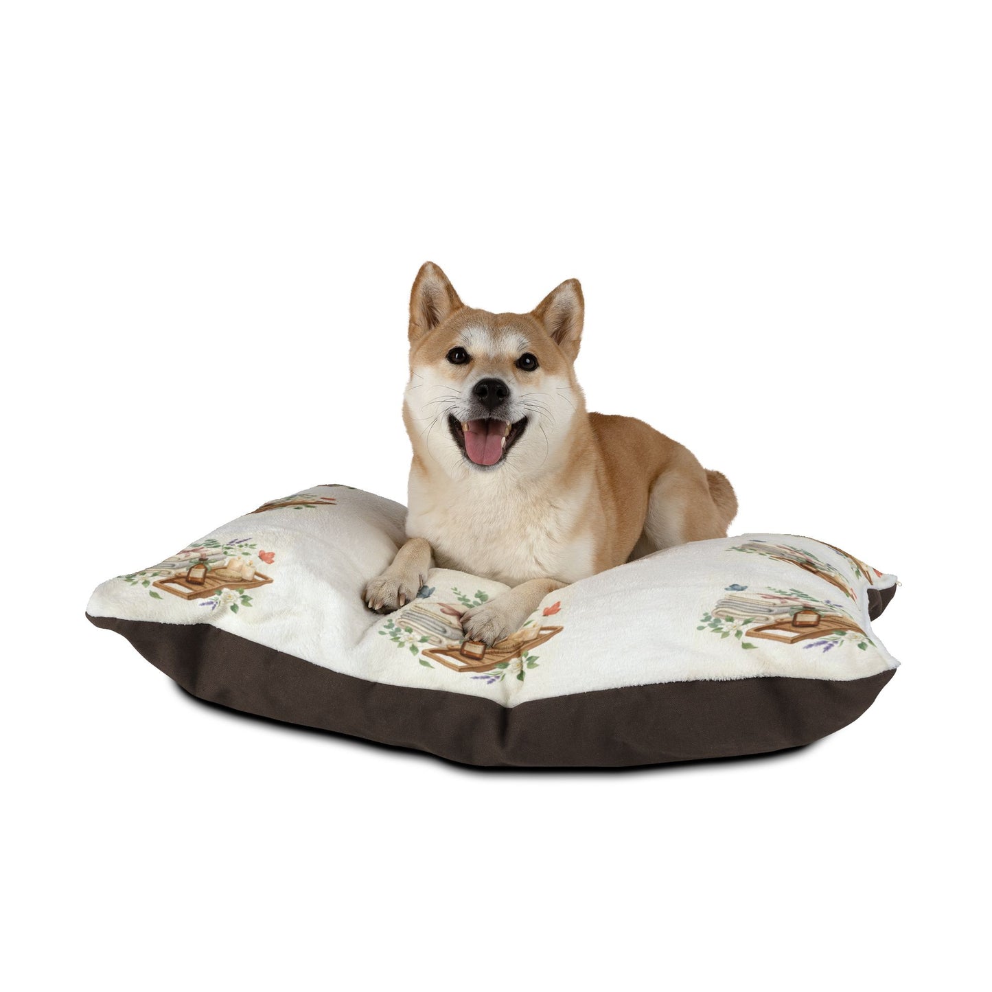 Spa Day Pet Bed – Watercolor Towels & Botanicals Print for Dogs