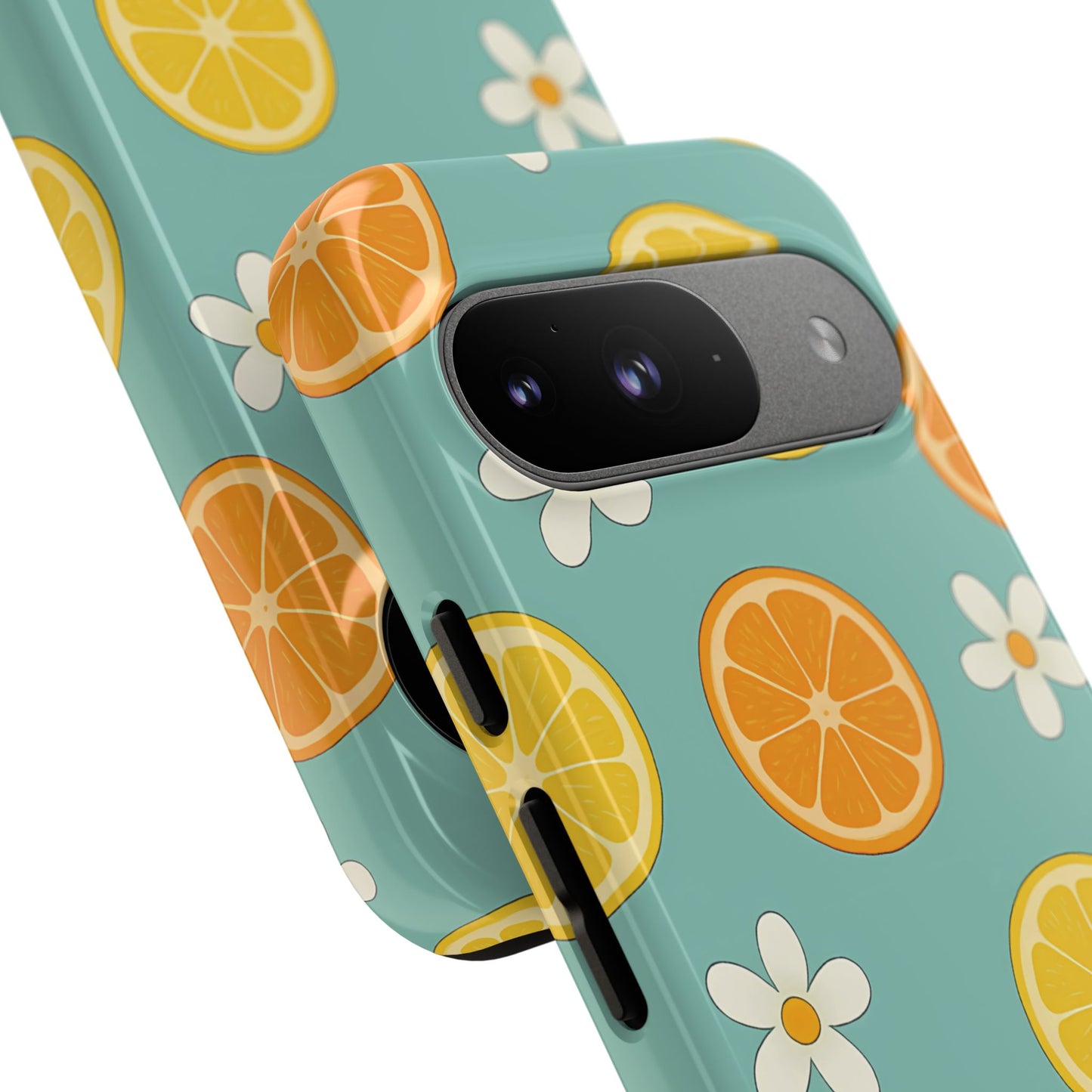 Citrus Bloom Phone Case – Orange, Lemon & Daisy Pattern on Teal