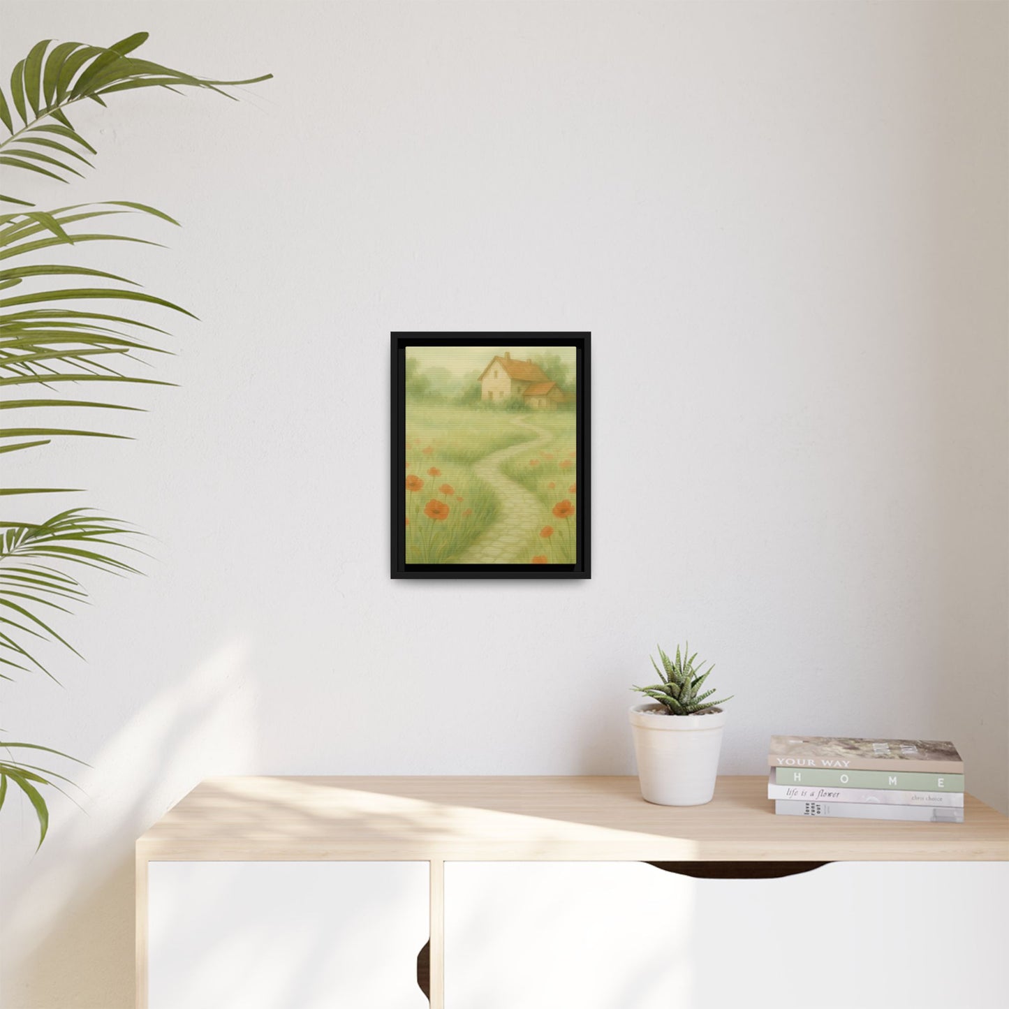 Poppy Path to Home – Framed Matte Canvas of Cottage & Flower Field Landscape