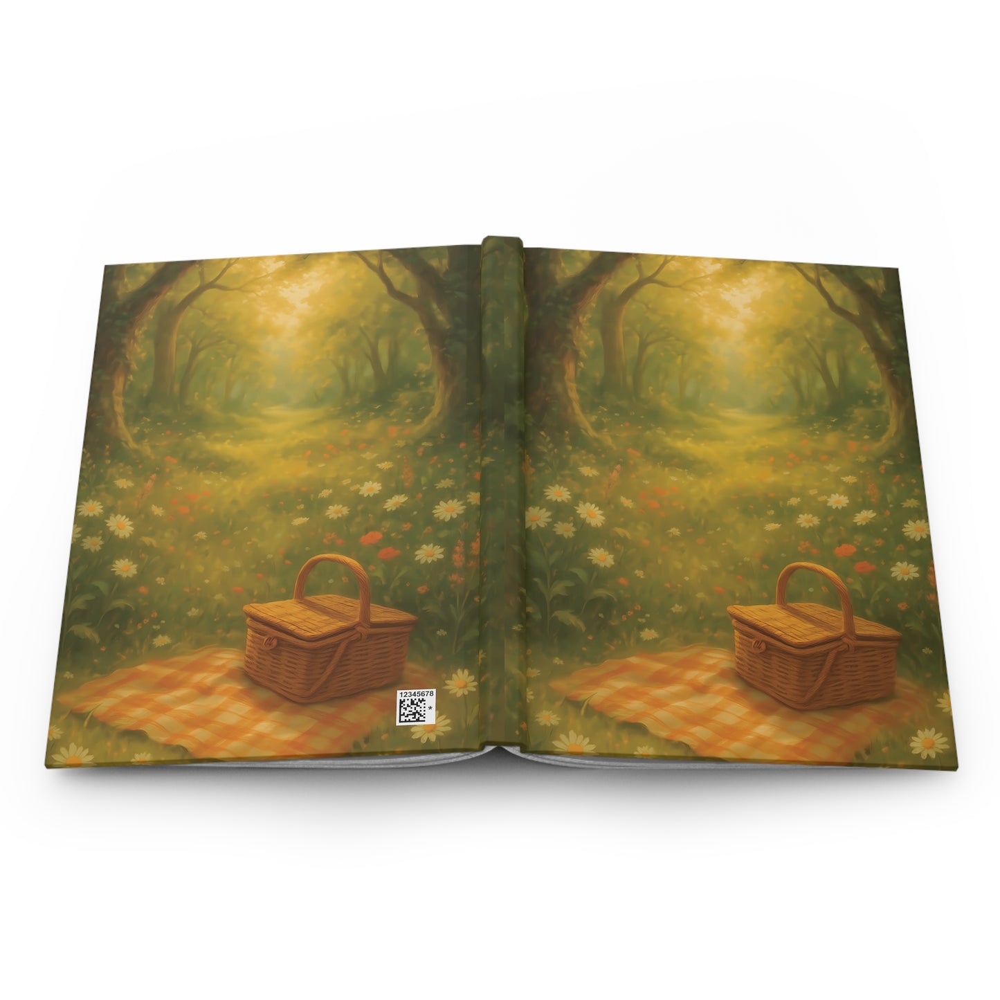 Golden Picnic Path Hardcover Journal – Whimsical Forest & Basket-Inspired Notebook