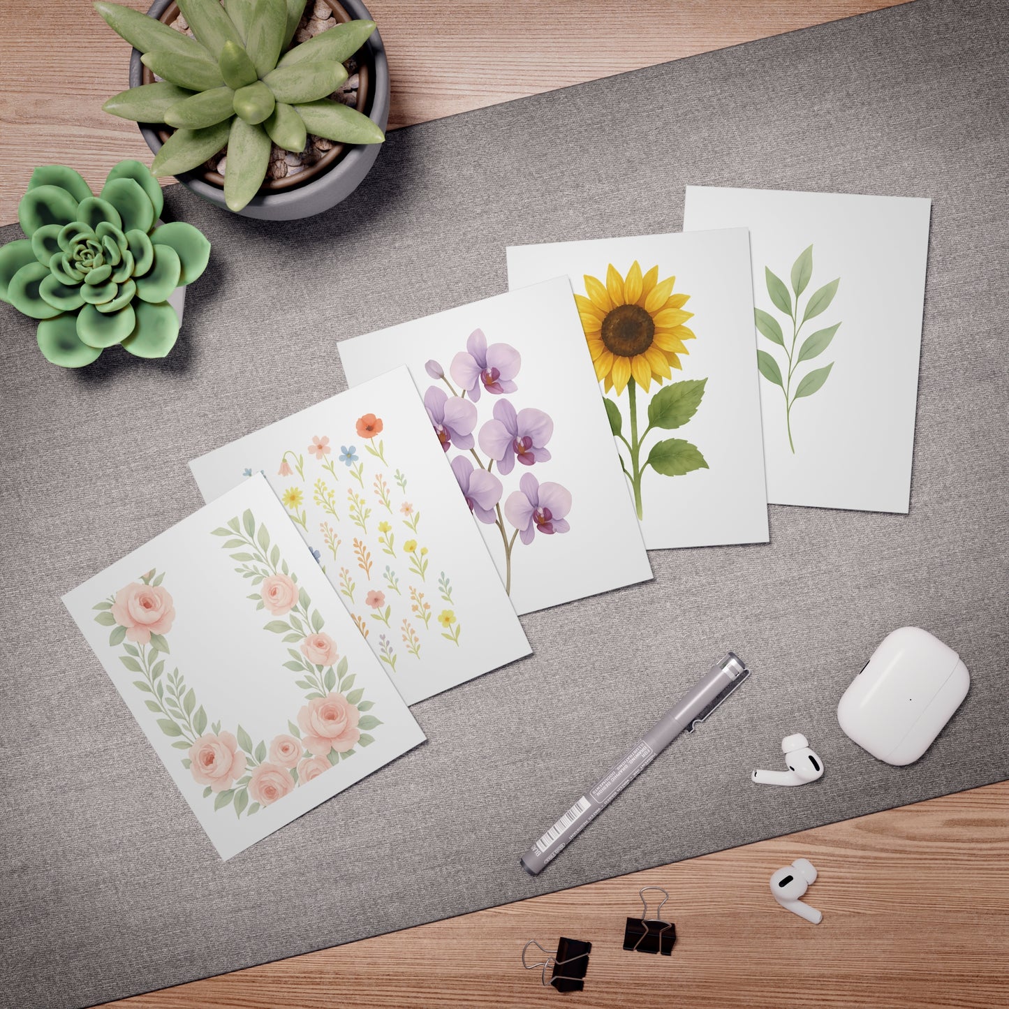 Floral Greeting Card Set – 5 Blank Note Cards with Envelopes, Watercolor Flower Designs