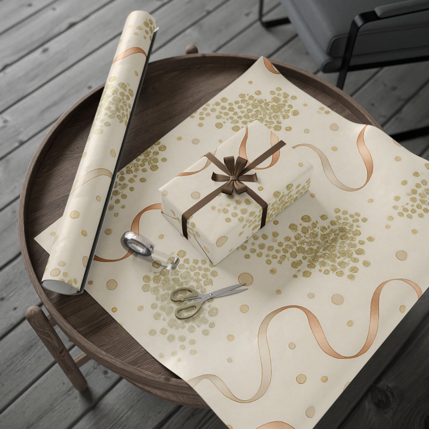 Elegant Gold Confetti & Ribbon Wrapping Paper – Luxurious Gift Wrap in Glossy or Matte Finish