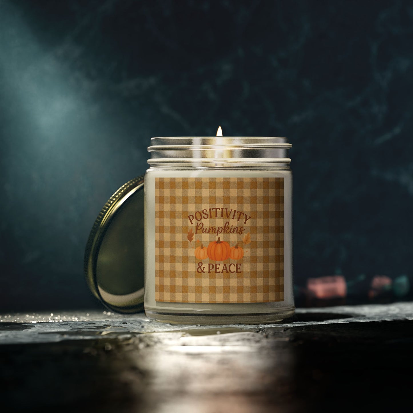 Positivity Pumpkins & Peace Candle - Fall Scented Coconut Apricot Wax Candle in Gingham Jar, Eco-Friendly Autumn Gift, 4oz or 9oz