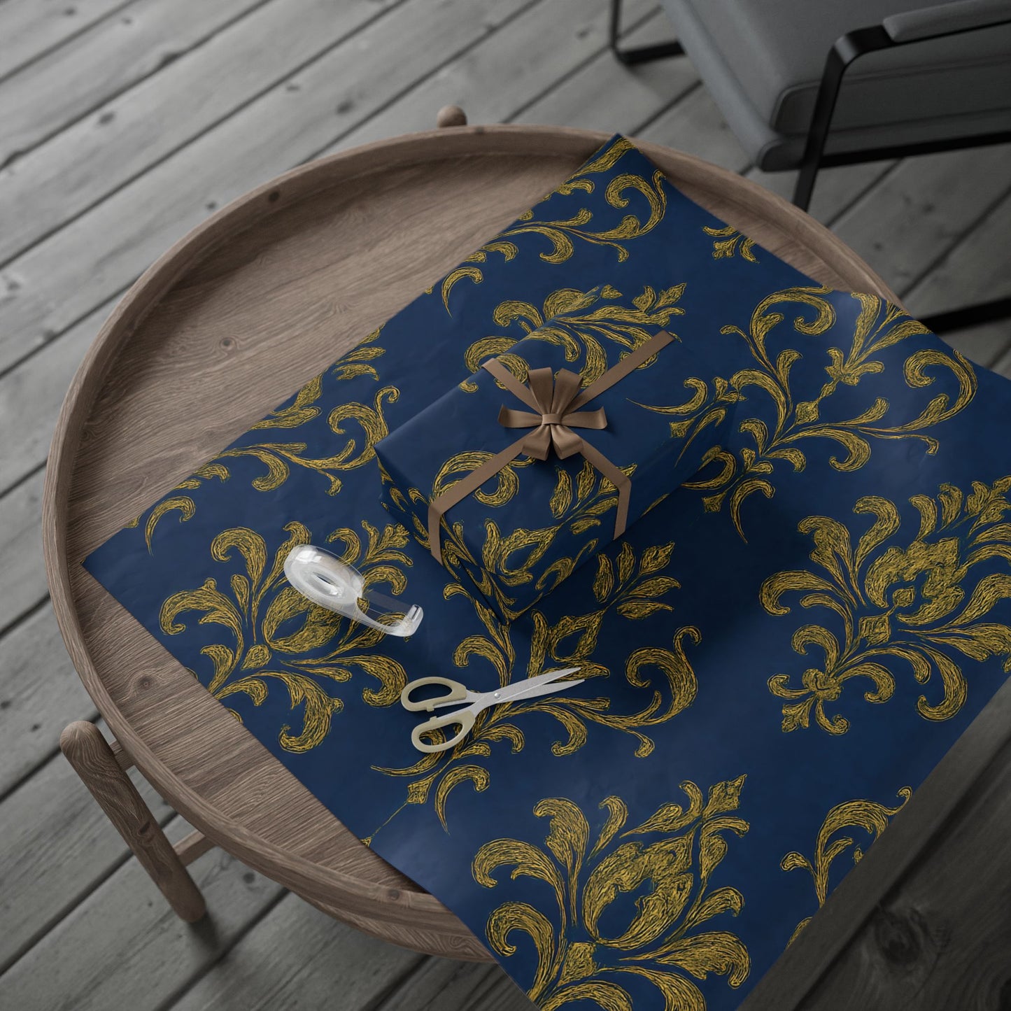 Royal Blue & Gold Damask Wrapping Paper – Elegant Luxury Gift Wrap in Glossy or Matte Finish