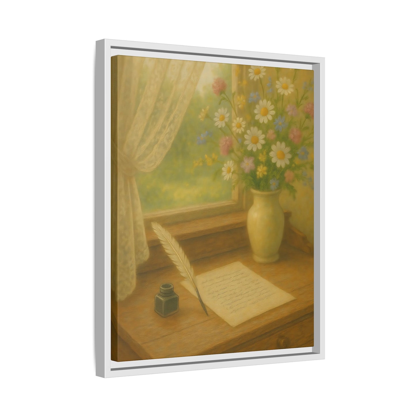 Sunlit Writing Desk – Framed Matte Canvas Art of Quill, Flowers & Lace Window
