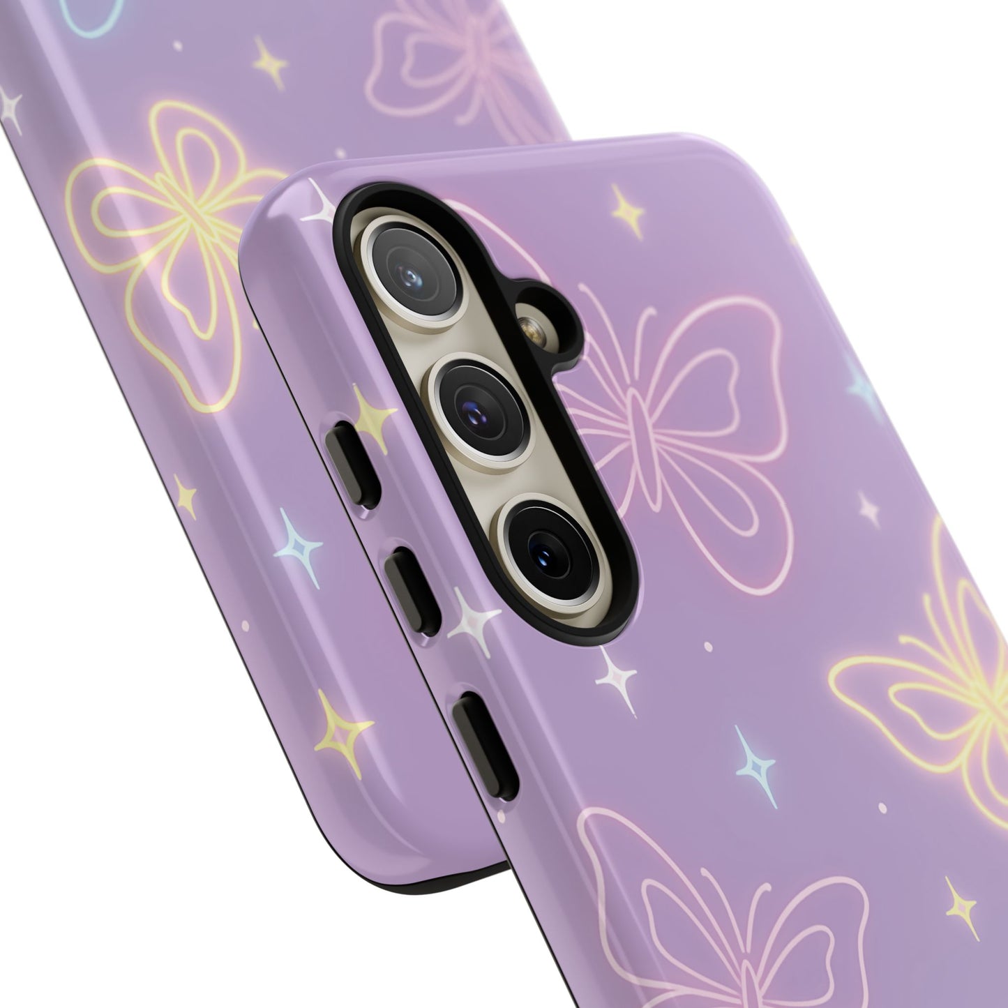 Pastel Butterfly Dream Phone Case – Purple Neon Glow with Stars