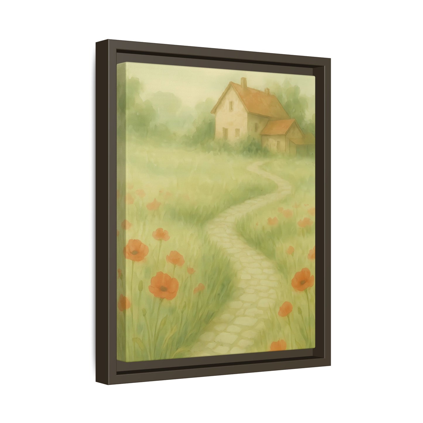 Poppy Path to Home – Framed Matte Canvas of Cottage & Flower Field Landscape