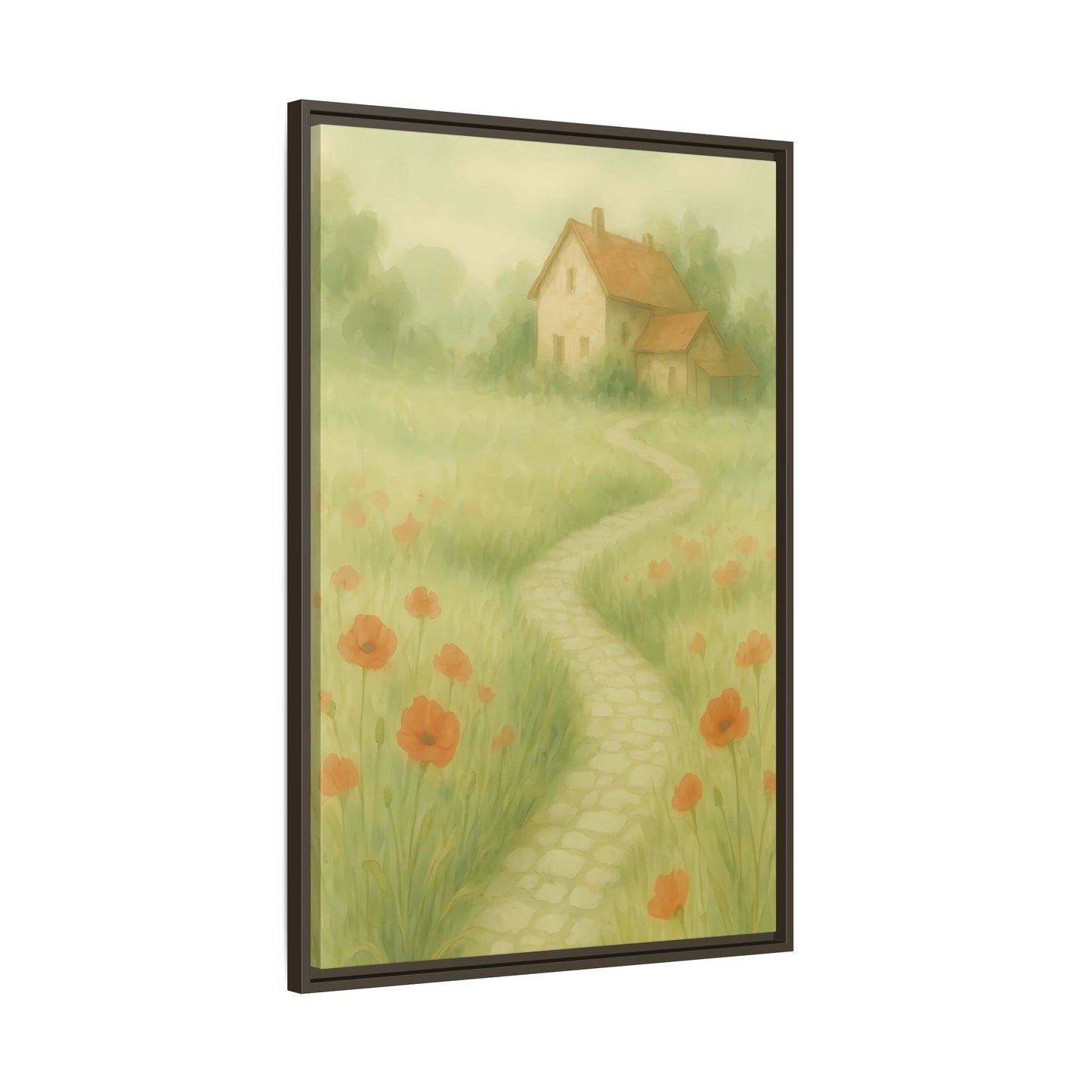 Poppy Path to Home – Framed Matte Canvas of Cottage & Flower Field Landscape
