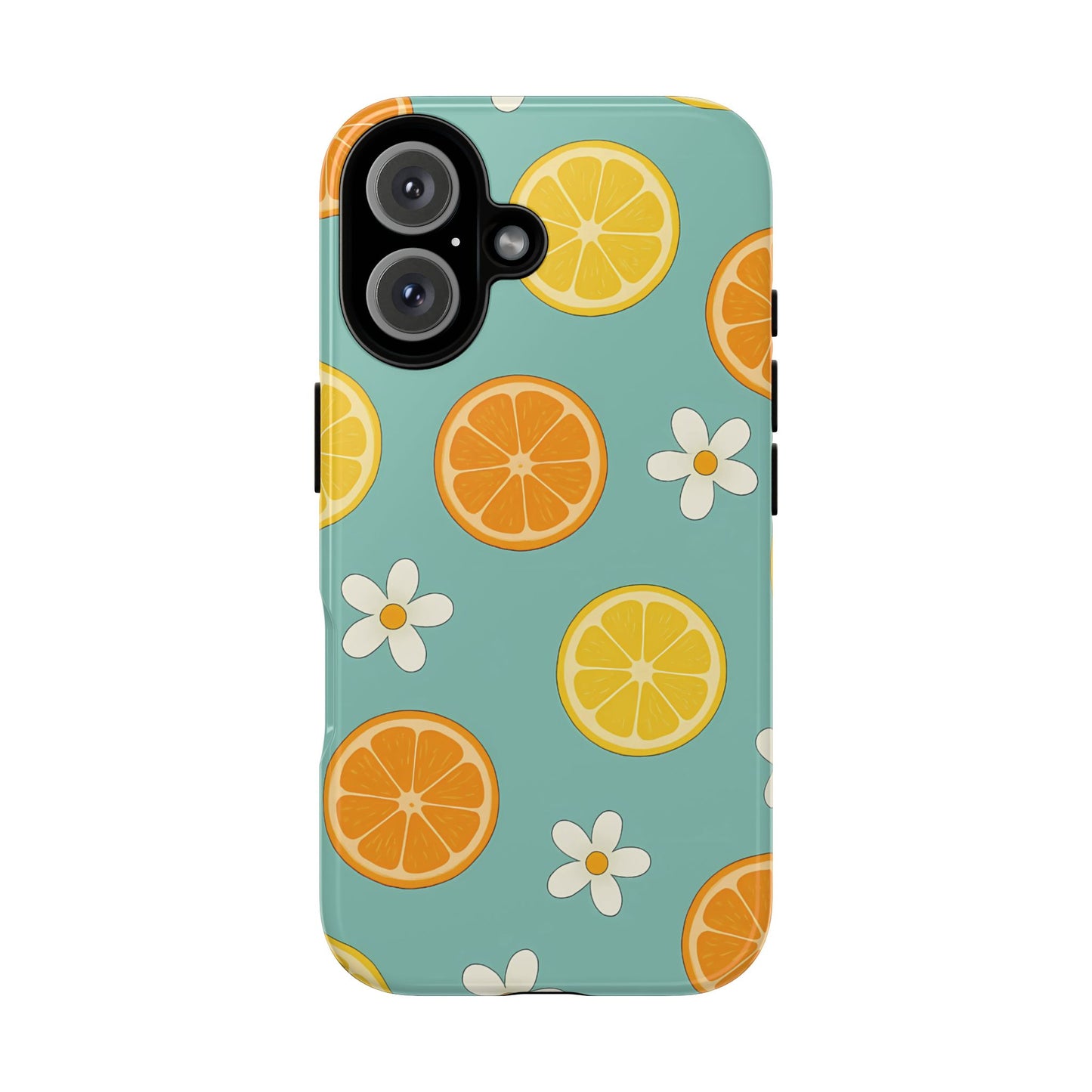 Citrus Bloom Phone Case – Orange, Lemon & Daisy Pattern on Teal