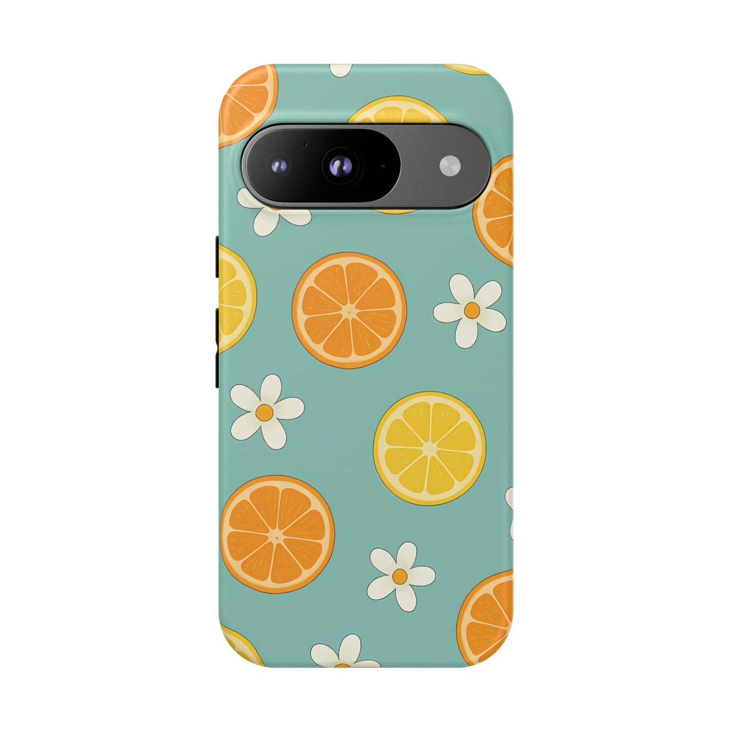 Citrus Bloom Phone Case – Orange, Lemon & Daisy Pattern on Teal