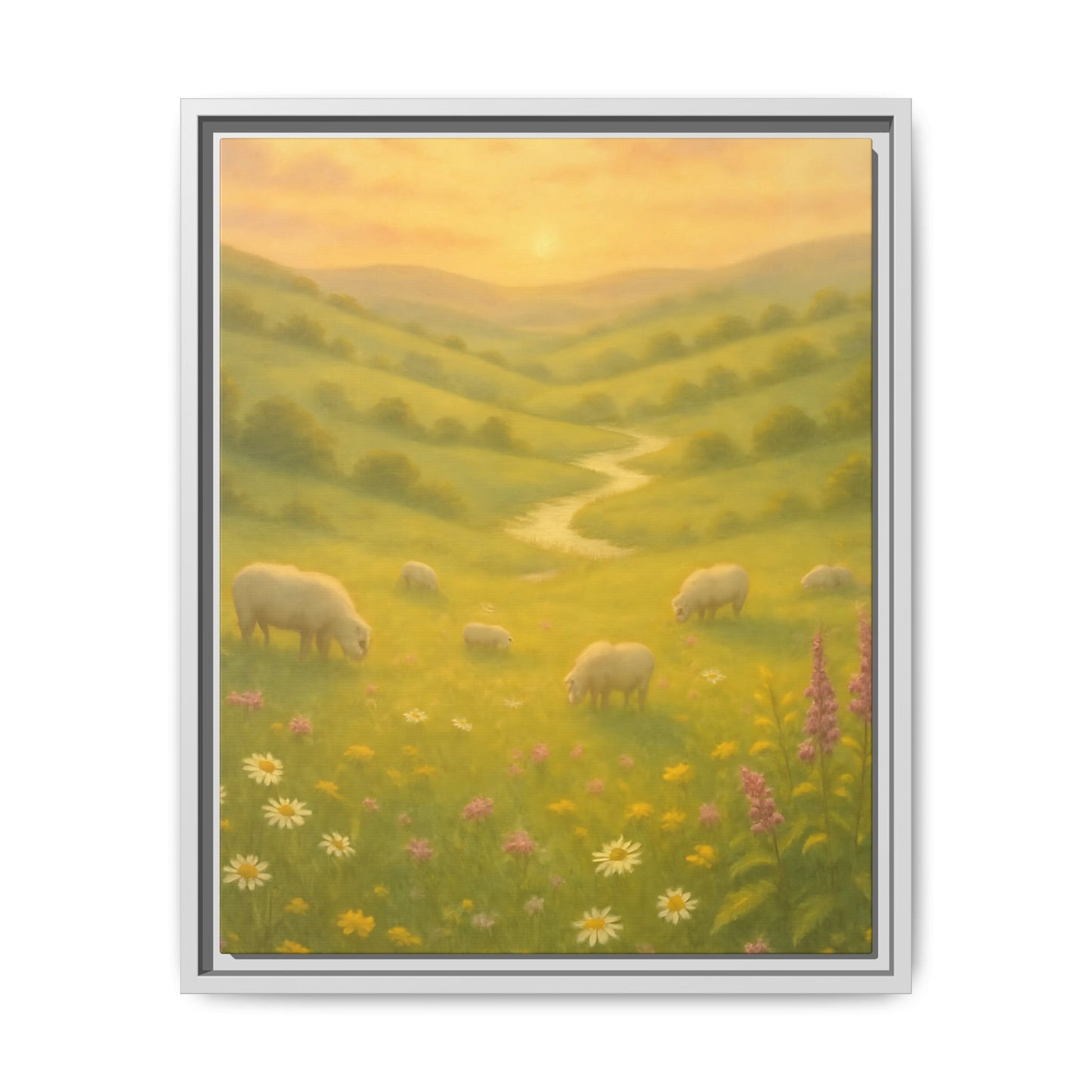 Golden Meadow Sunrise – Framed Matte Canvas Pastoral Landscape Art