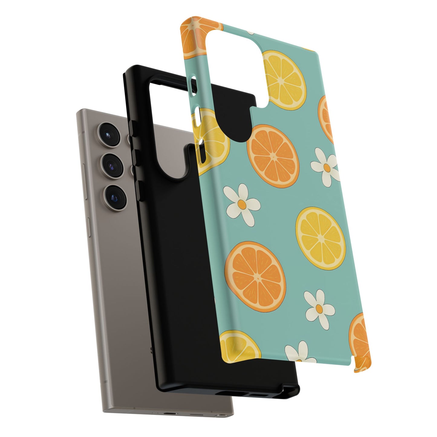 Citrus Bloom Phone Case – Orange, Lemon & Daisy Pattern on Teal