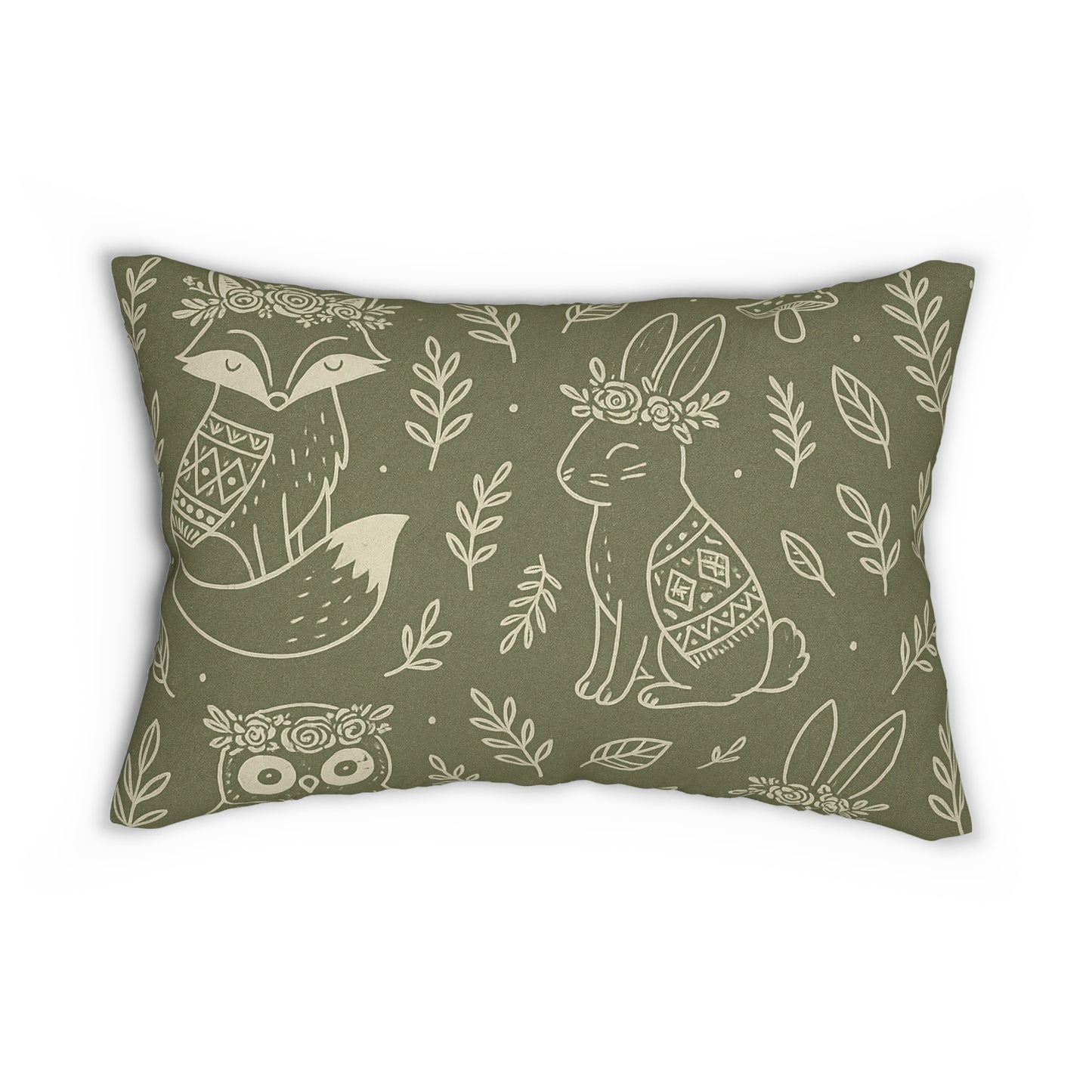 Boho Forest Friends Lumbar Pillow – Fox, Bunny & Owl in Sage Green