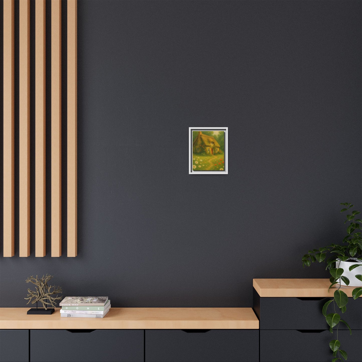 Cottage in Bloom – Framed Matte Canvas Art of Thatched Cottage & Wildflowers