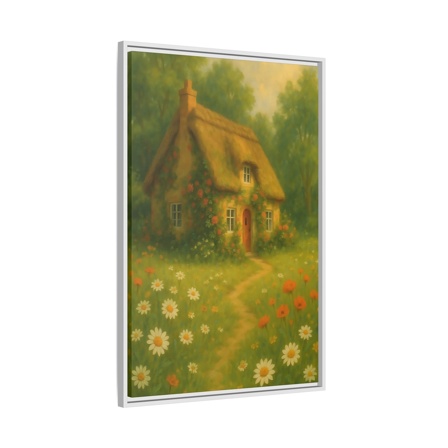 Cottage in Bloom – Framed Matte Canvas Art of Thatched Cottage & Wildflowers