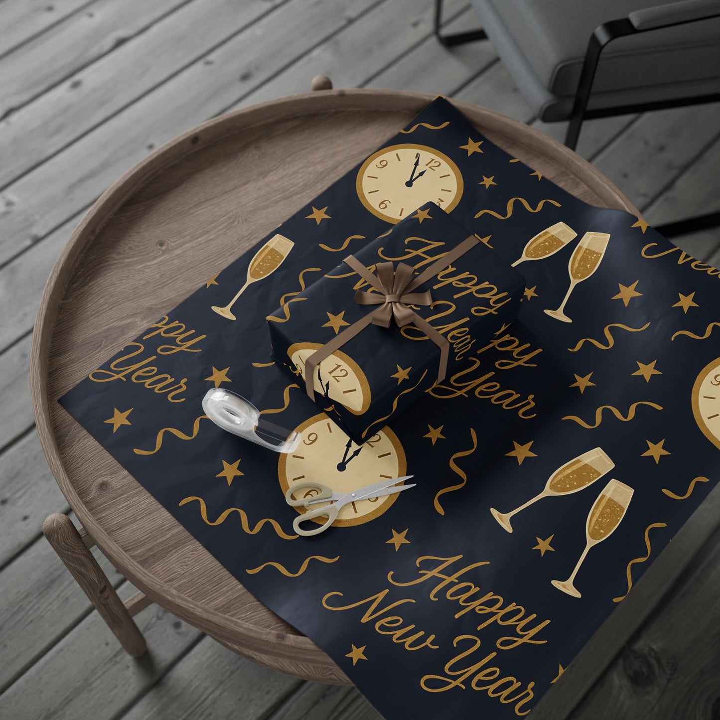 Midnight Celebration New Year Wrapping Paper – Clocks, Champagne & Confetti on Navy