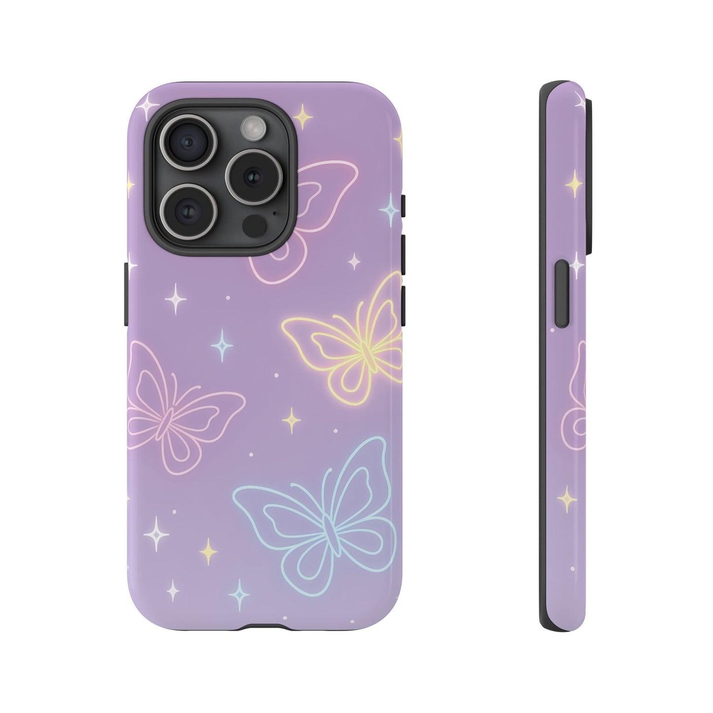 Pastel Butterfly Dream Phone Case – Purple Neon Glow with Stars
