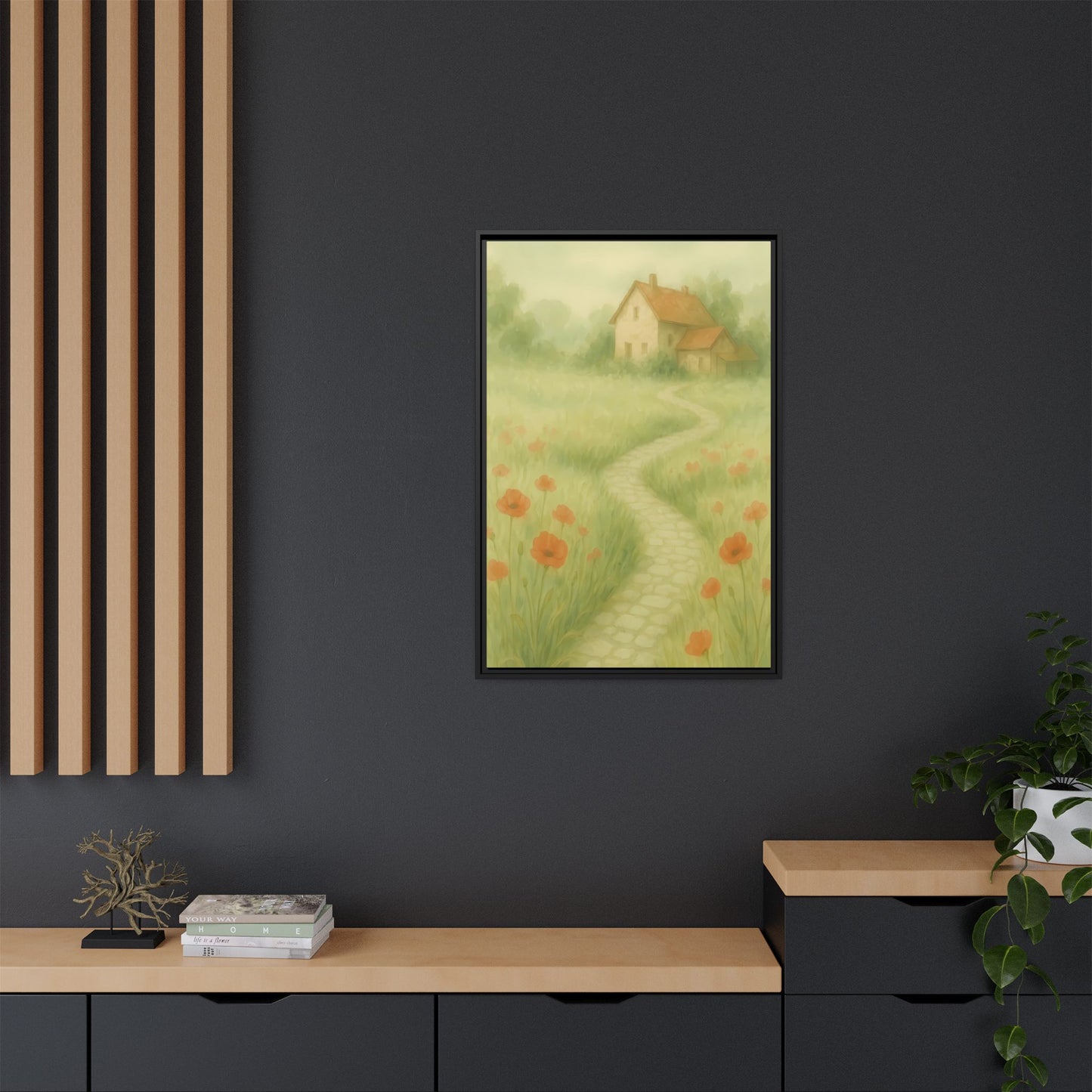 Poppy Path to Home – Framed Matte Canvas of Cottage & Flower Field Landscape
