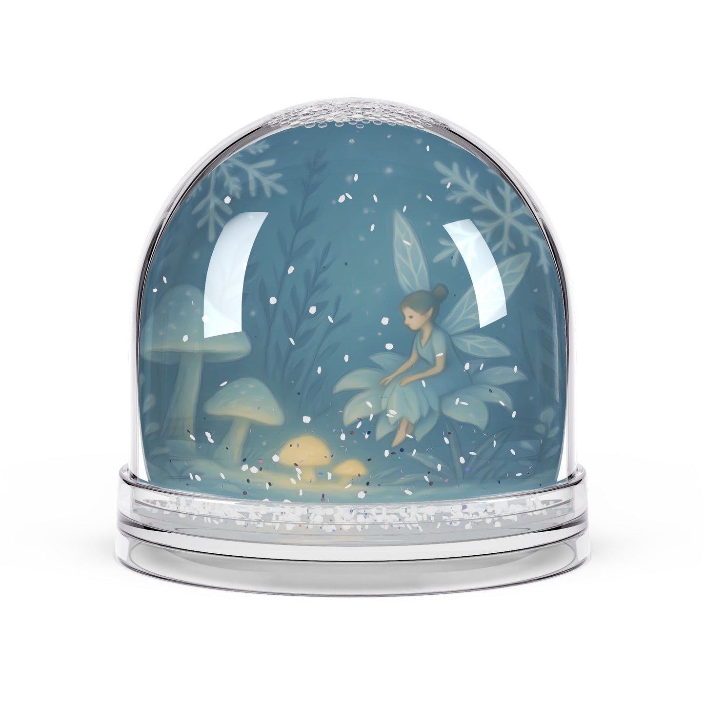 Enchanted Winter Fairy Snow Globe – Magical Forest Scene with Mushrooms & Sparkle