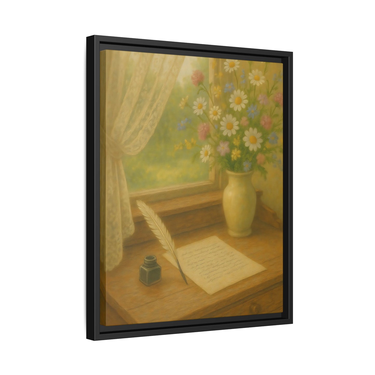 Sunlit Writing Desk – Framed Matte Canvas Art of Quill, Flowers & Lace Window