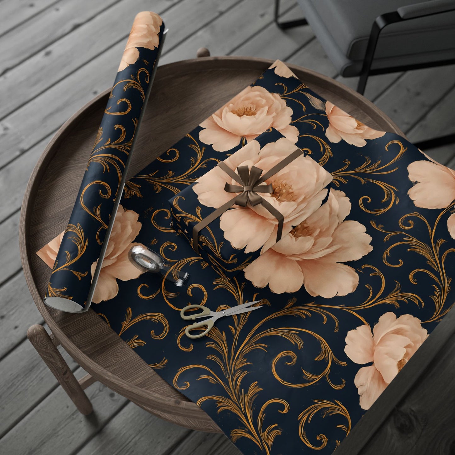 Blush Peony & Gold Scroll Wrapping Paper – Elegant Floral Gift Wrap in Glossy or Matte Finish