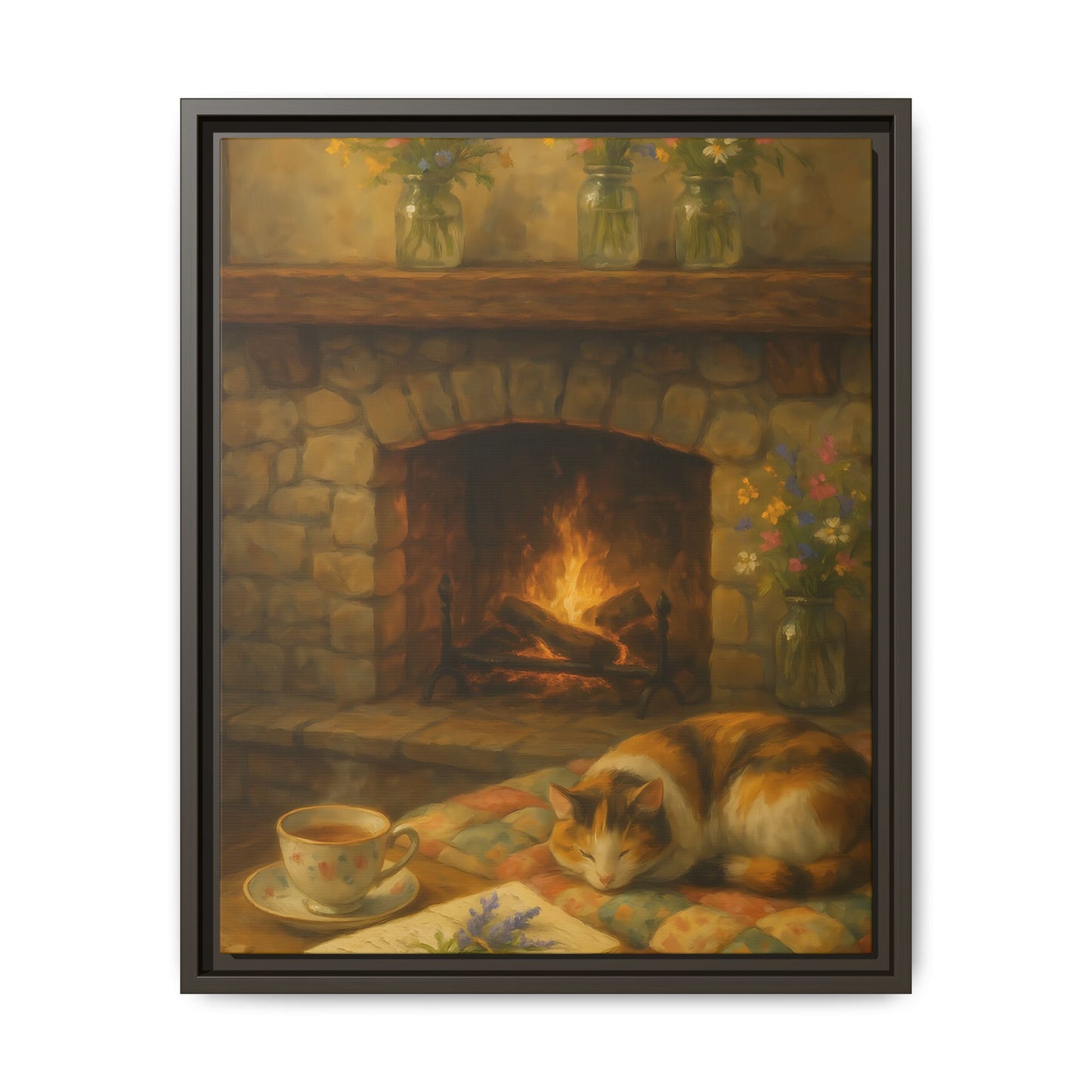 Hearthside Comfort – Framed Matte Canvas with Cat, Fireplace & Tea