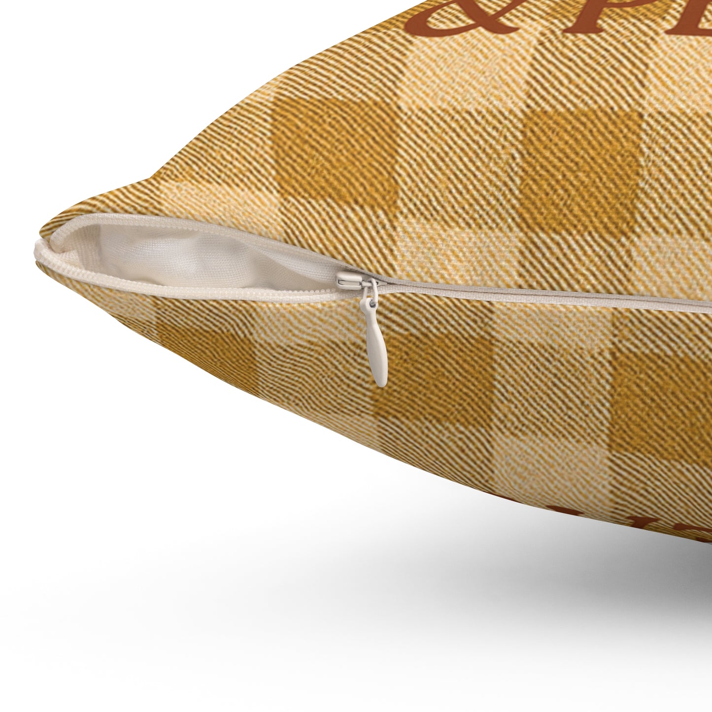 Positivity, Pumpkins & Peace Fall Throw Pillow – Cozy Autumn Plaid Cushion with Pumpkins
