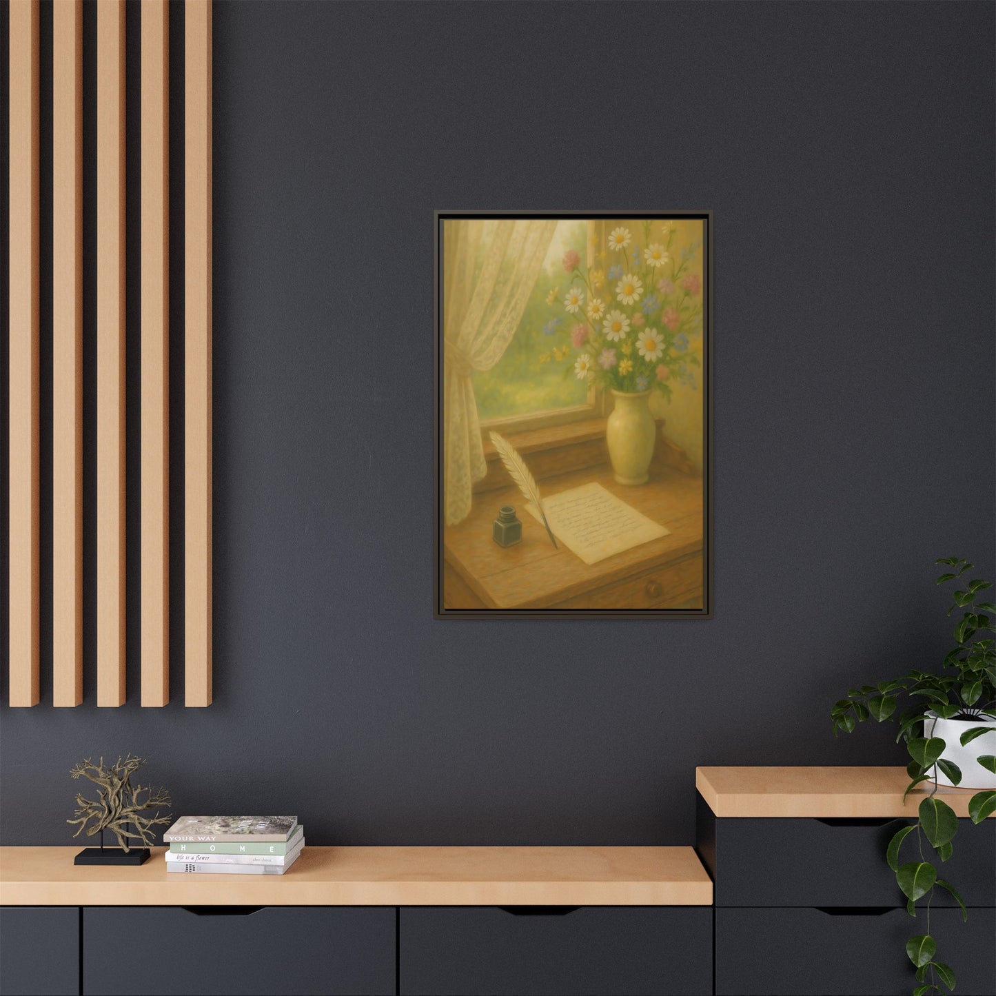 Sunlit Writing Desk – Framed Matte Canvas Art of Quill, Flowers & Lace Window