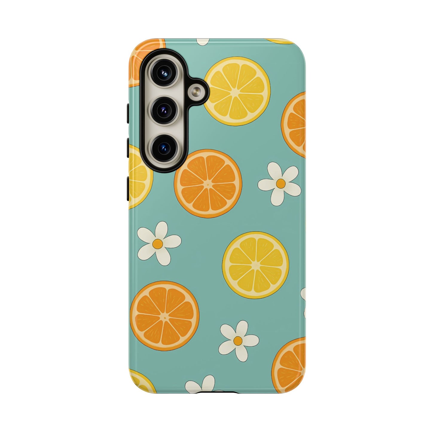 Citrus Bloom Phone Case – Orange, Lemon & Daisy Pattern on Teal