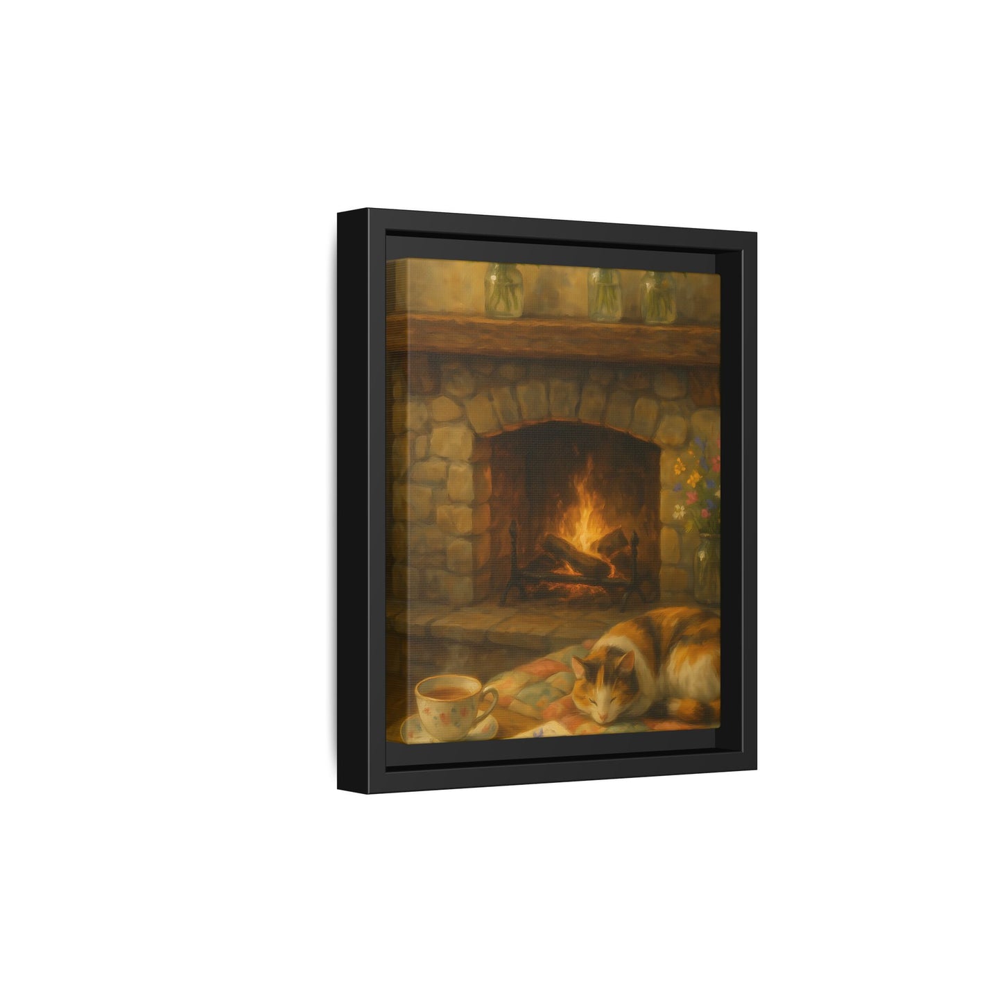 Hearthside Comfort – Framed Matte Canvas with Cat, Fireplace & Tea