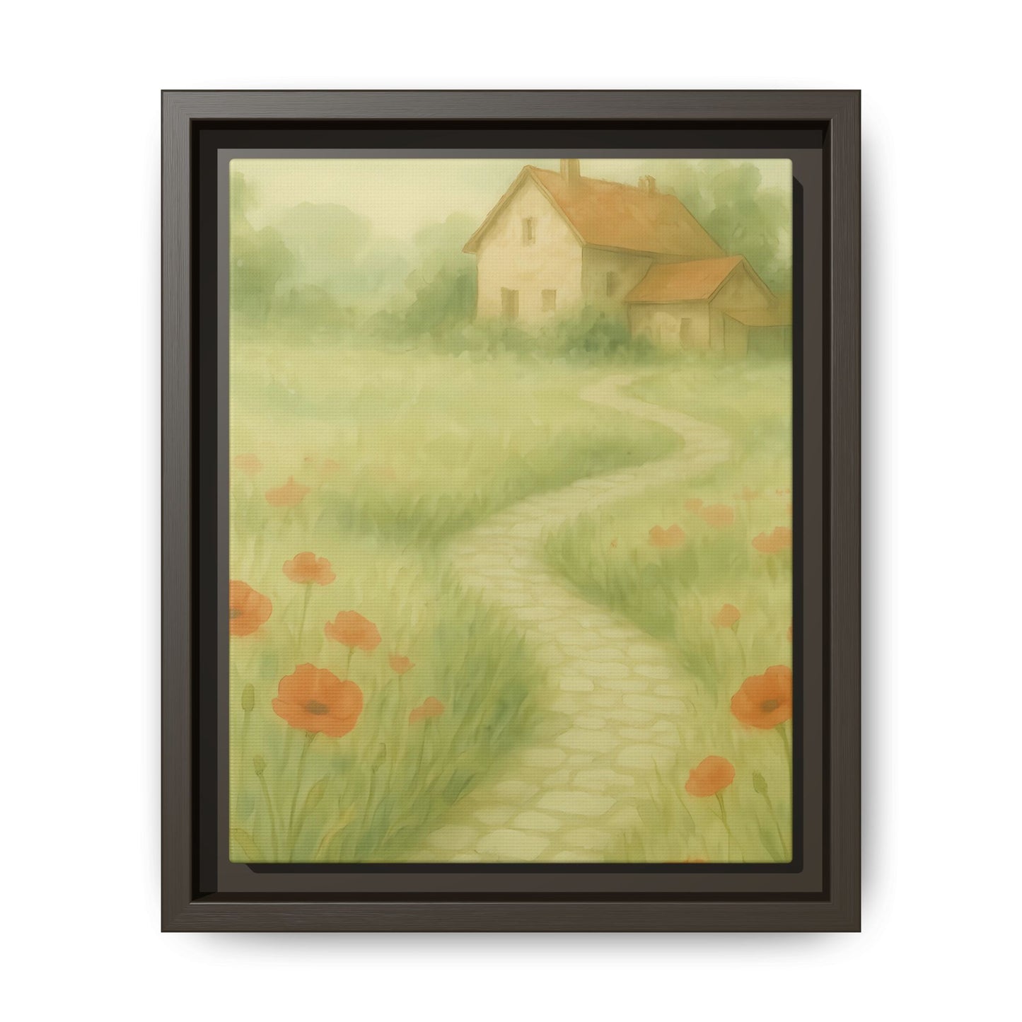 Poppy Path to Home – Framed Matte Canvas of Cottage & Flower Field Landscape