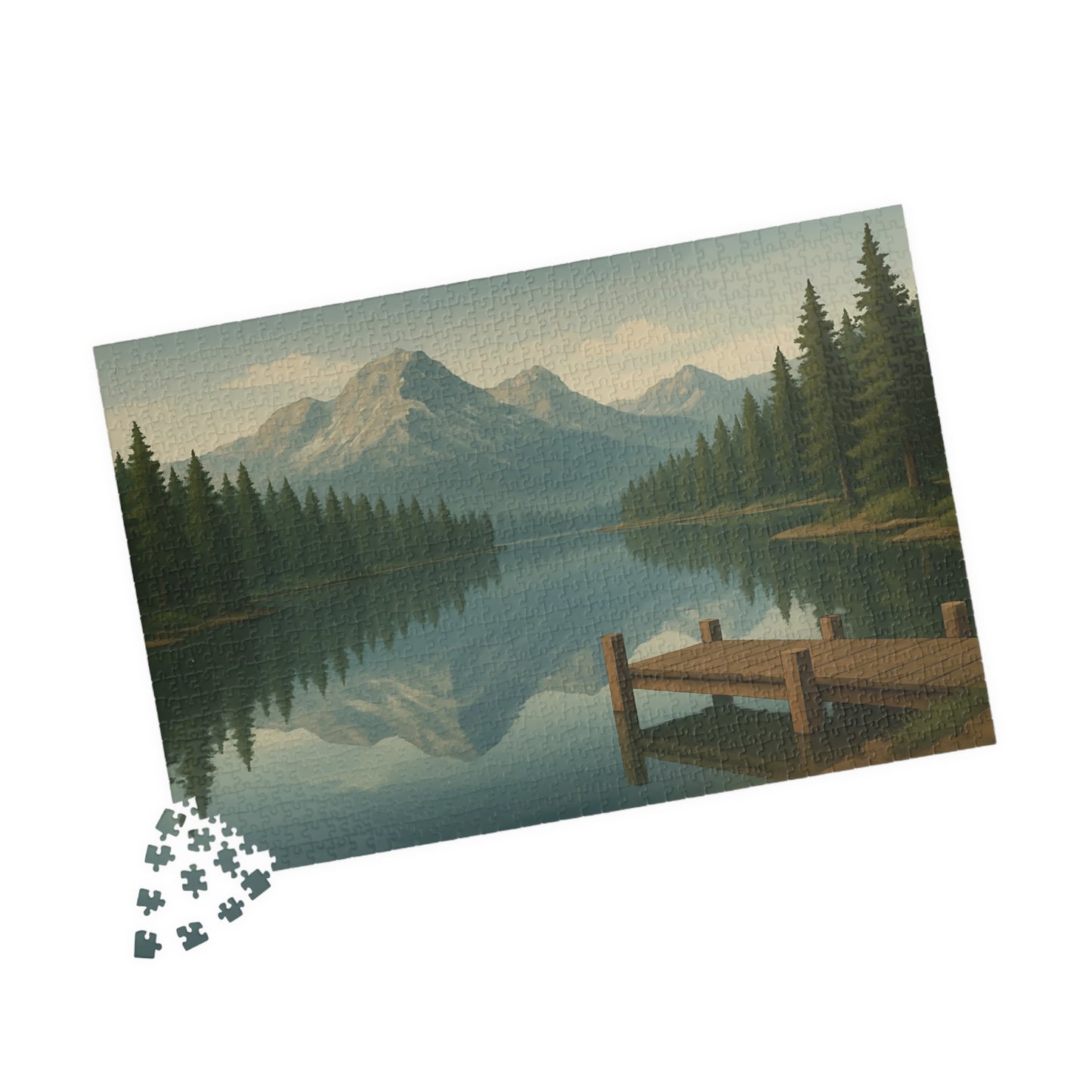 Mountain Lake Reflection Jigsaw Puzzle – Scenic Nature Dock View