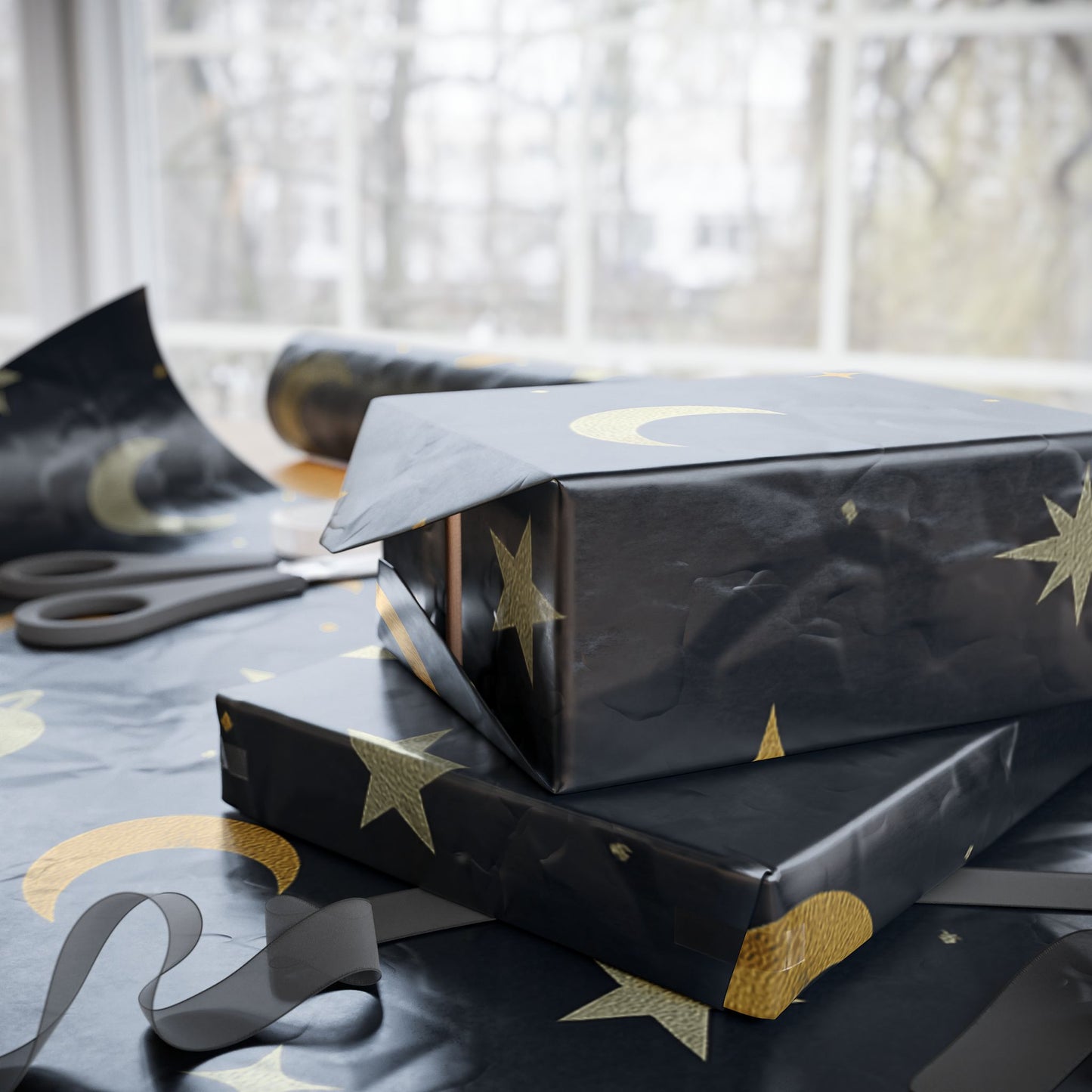 Celestial Night Sky Wrapping Paper – Moons, Stars & Planets on Midnight Blue
