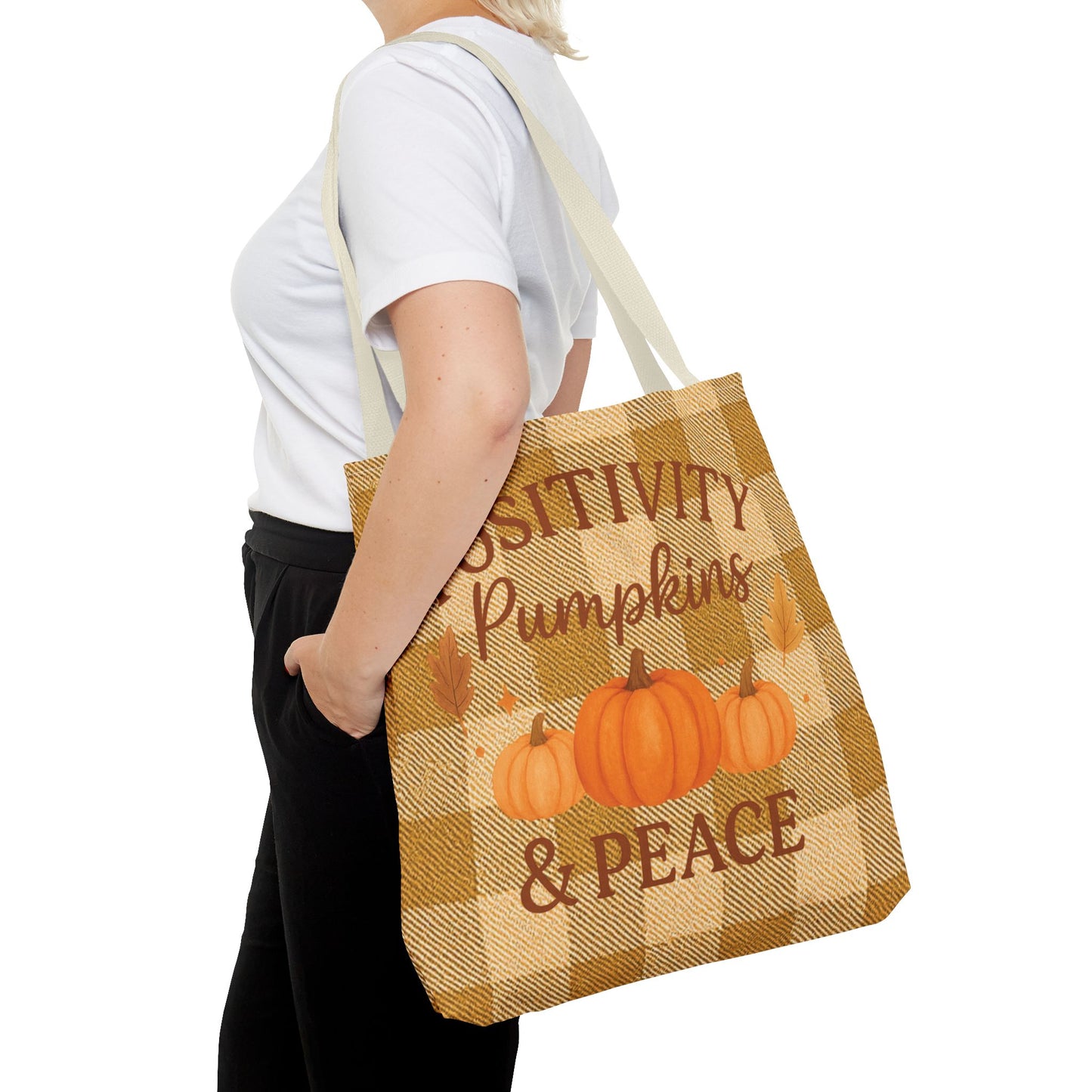 Positivity, Pumpkins & Peace Fall Tote Bag – Autumn Plaid Reusable Shopping & Everyday Carry Bag
