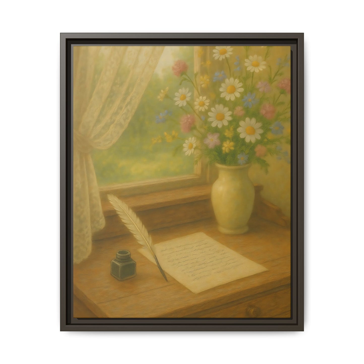 Sunlit Writing Desk – Framed Matte Canvas Art of Quill, Flowers & Lace Window