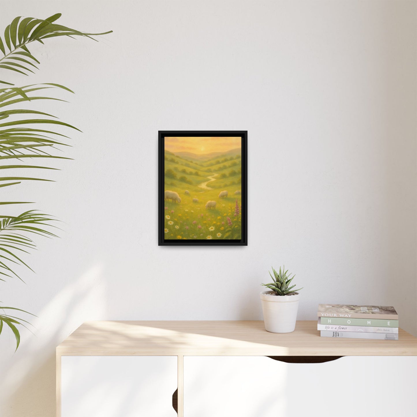 Golden Meadow Sunrise – Framed Matte Canvas Pastoral Landscape Art