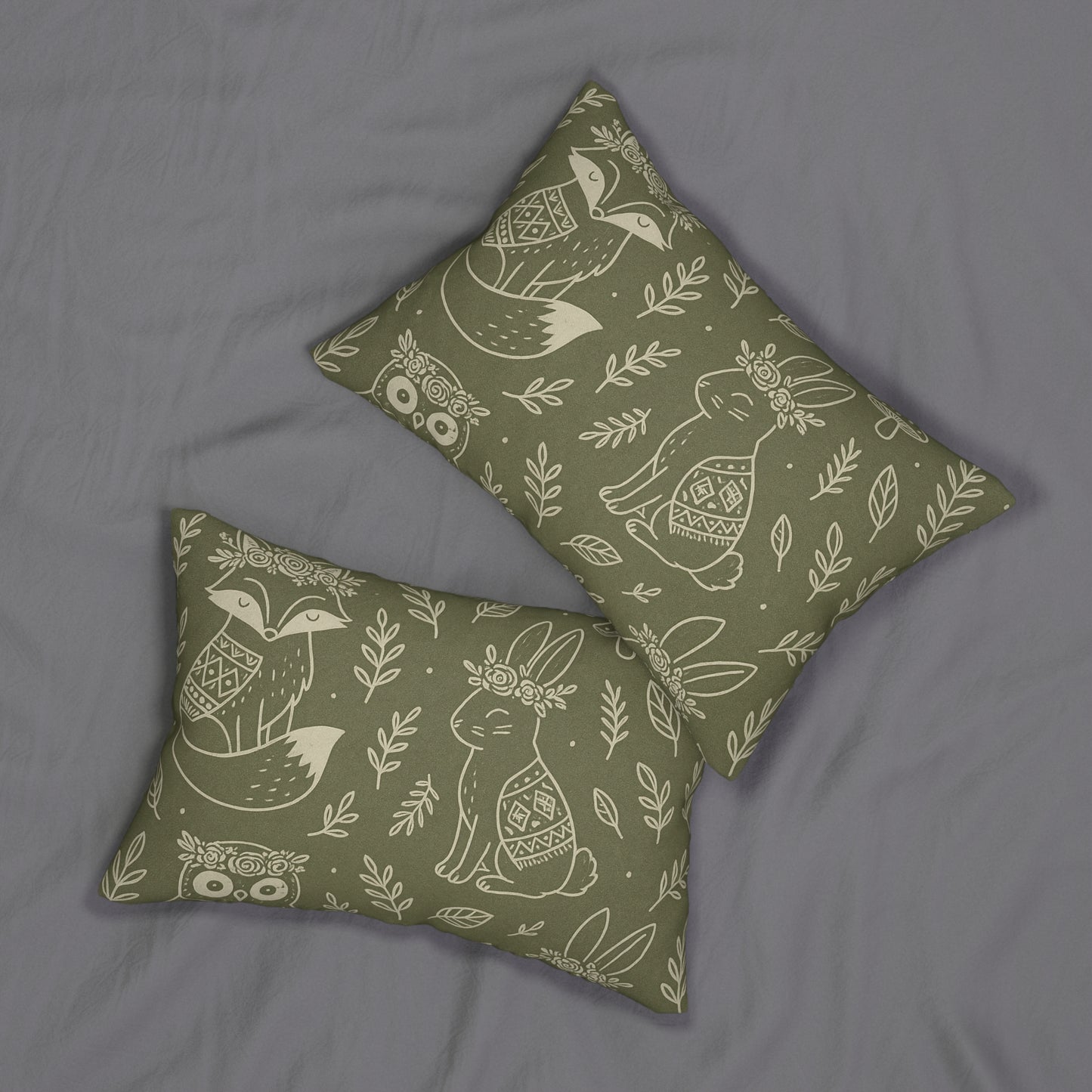 Boho Forest Friends Lumbar Pillow – Fox, Bunny & Owl in Sage Green