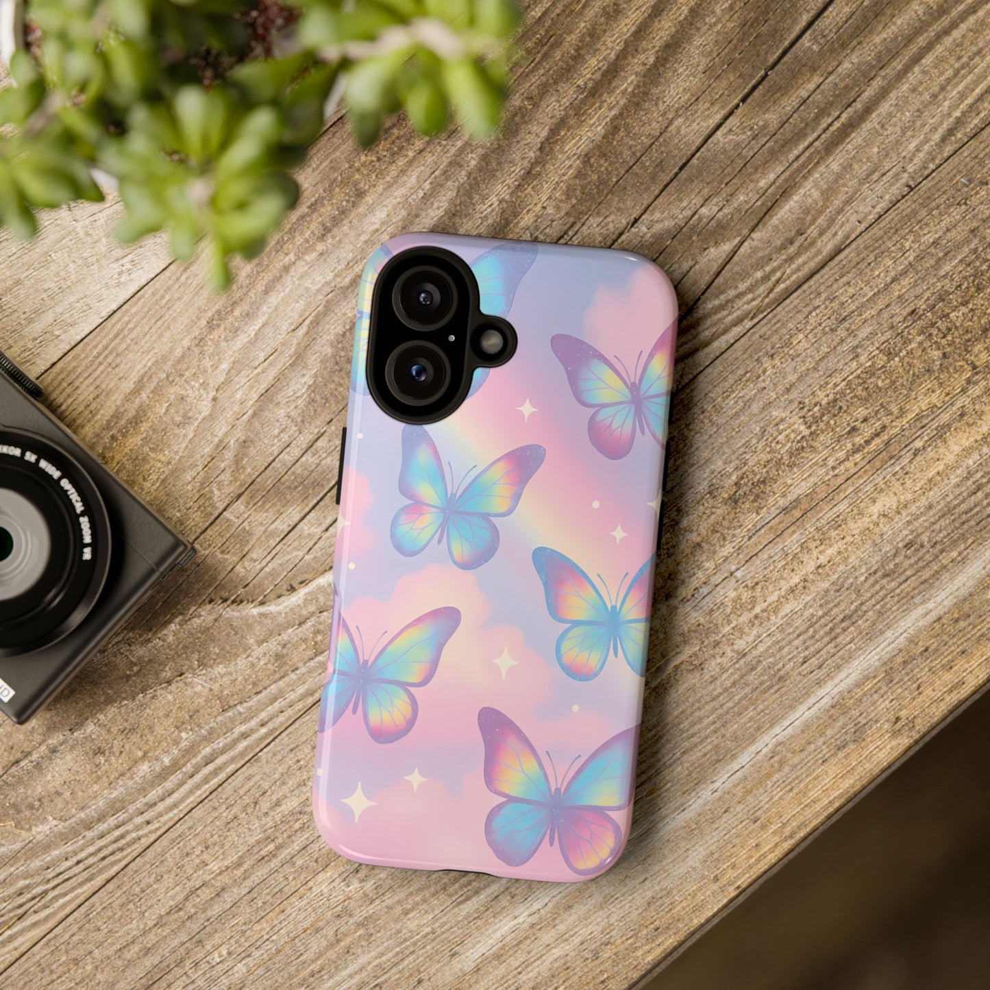 Rainbow Pastel Butterfly Phone Case – Dreamy Clouds & Iridescent Glow