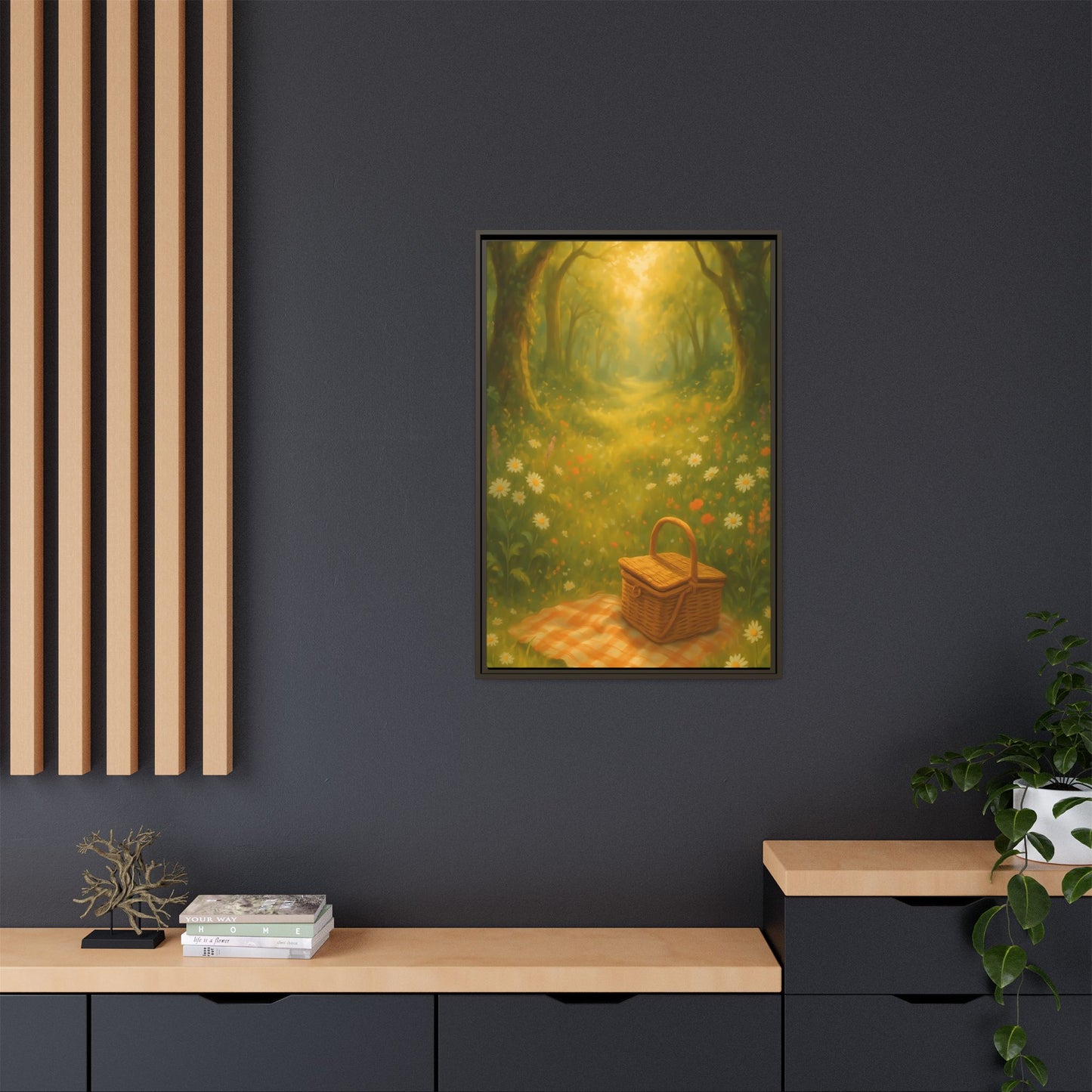 Golden Meadow Picnic Path – Framed Matte Canvas Wall Art