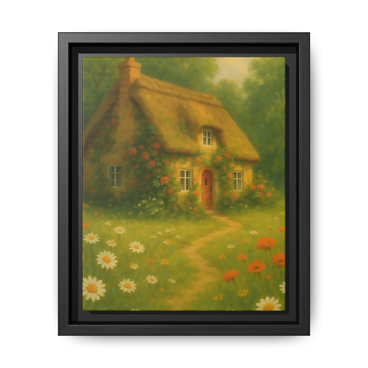 Cottage in Bloom – Framed Matte Canvas Art of Thatched Cottage & Wildflowers