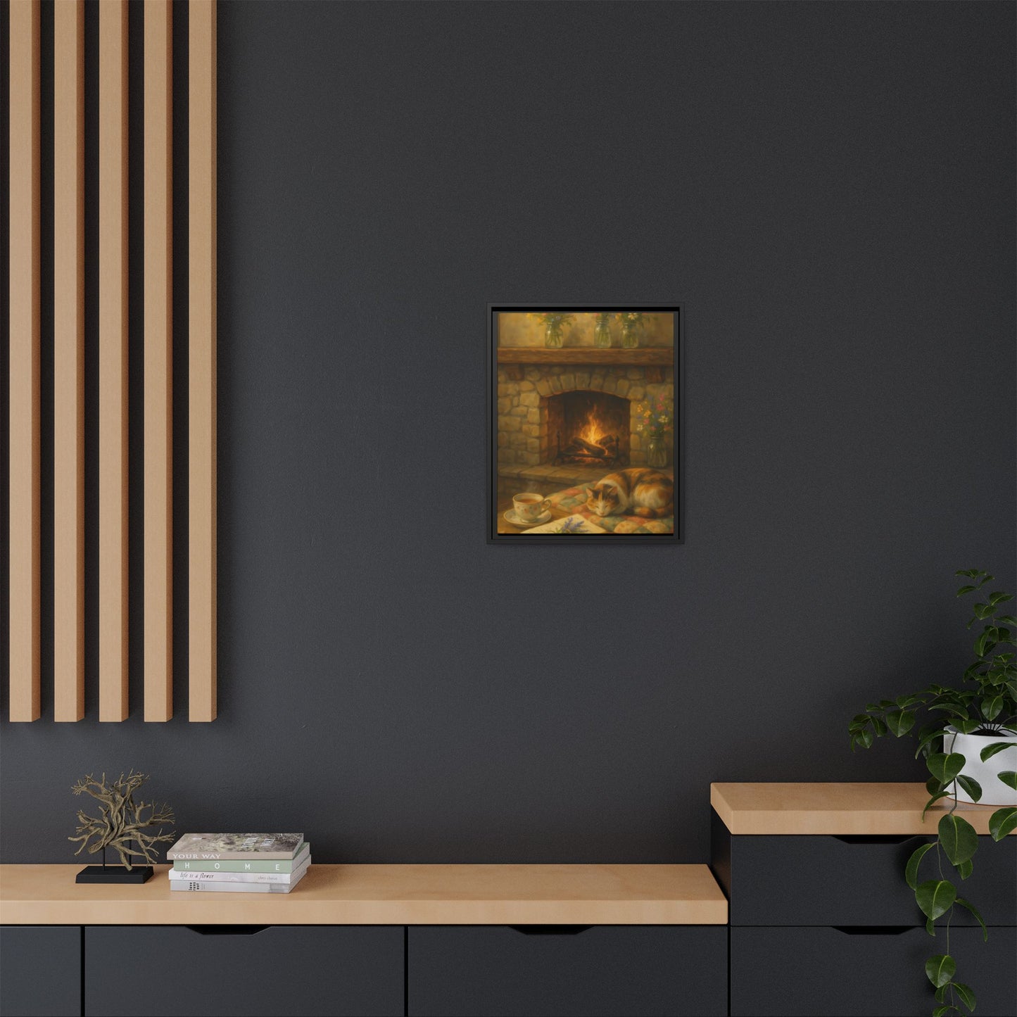 Hearthside Comfort – Framed Matte Canvas with Cat, Fireplace & Tea