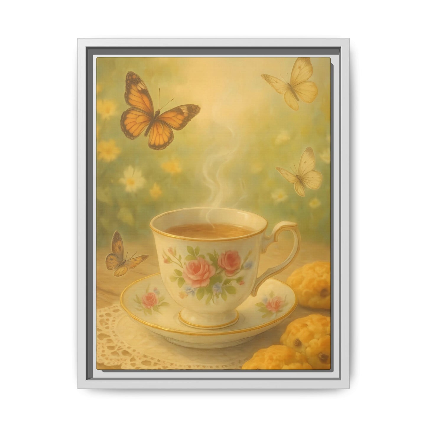 Tea & Butterflies – Framed Matte Canvas of Vintage Teacup and Garden Scene