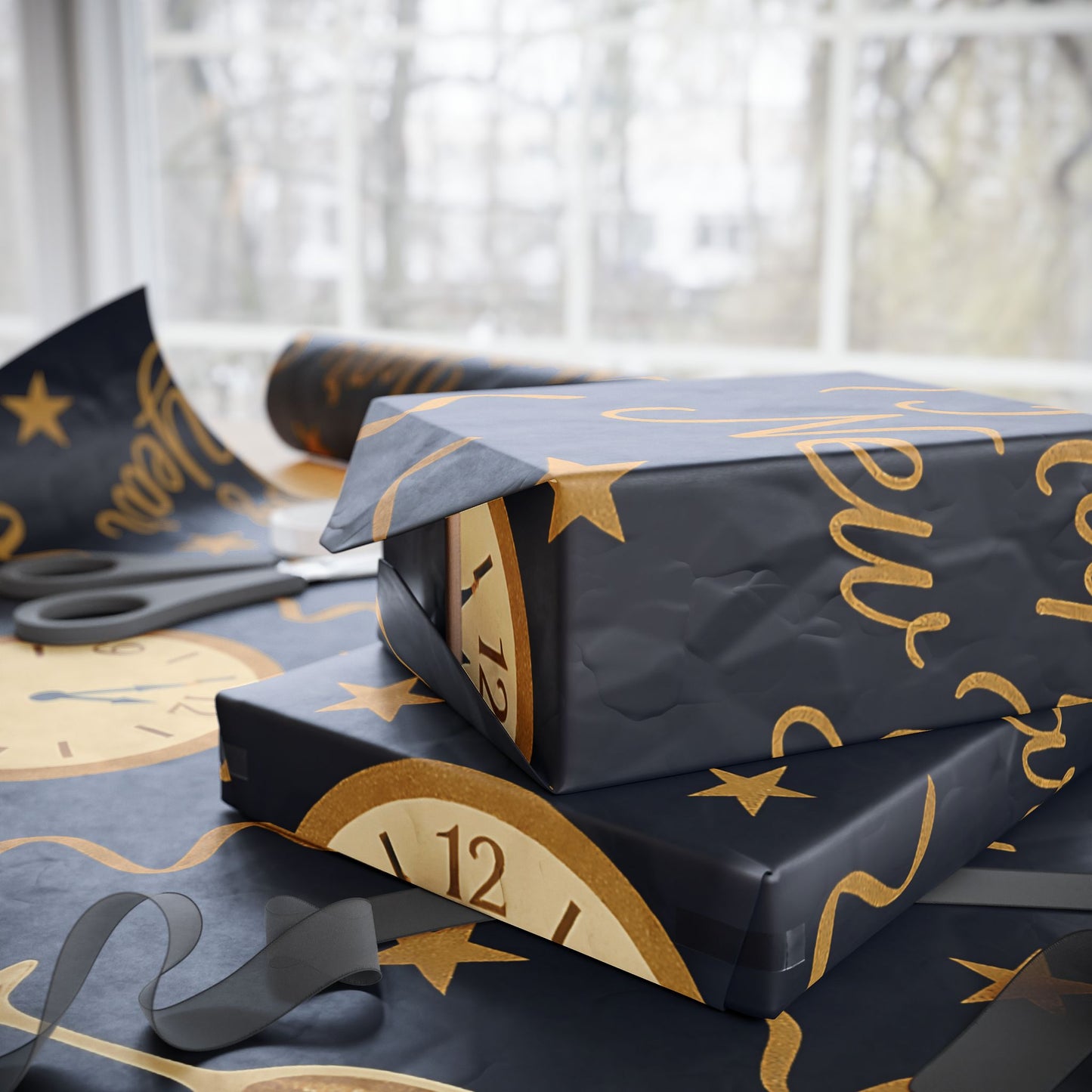 Midnight Celebration New Year Wrapping Paper – Clocks, Champagne & Confetti on Navy
