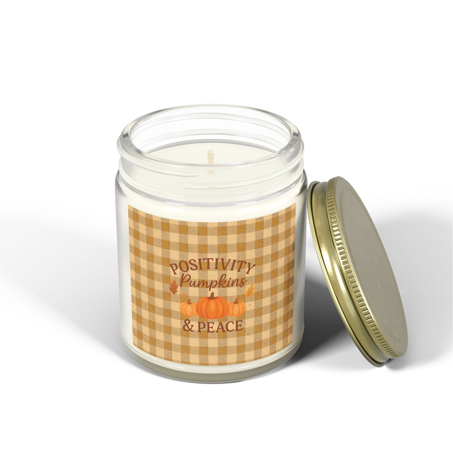 Positivity Pumpkins & Peace Candle - Fall Scented Coconut Apricot Wax Candle in Gingham Jar, Eco-Friendly Autumn Gift, 4oz or 9oz