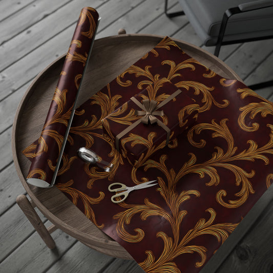 Burgundy & Gold Baroque Scroll Wrapping Paper – Luxurious Gift Wrap in Glossy or Matte Finish