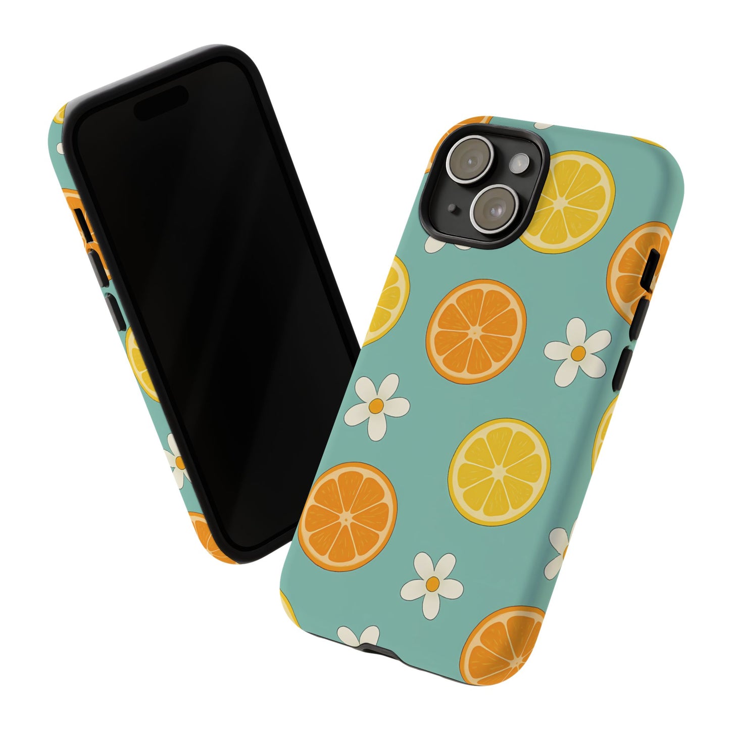 Citrus Bloom Phone Case – Orange, Lemon & Daisy Pattern on Teal