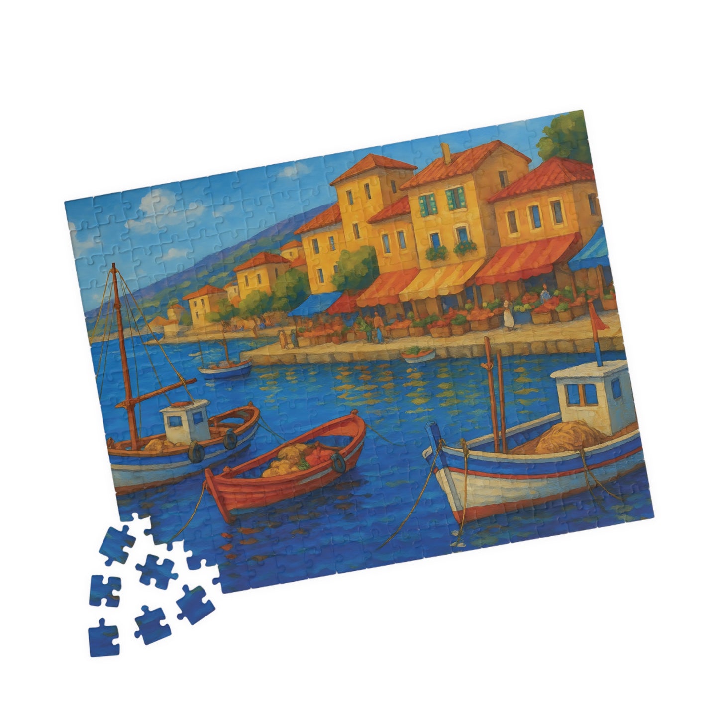 Mediterranean Harbor Jigsaw Puzzle – Colorful Coastal Village with Fishing Boats