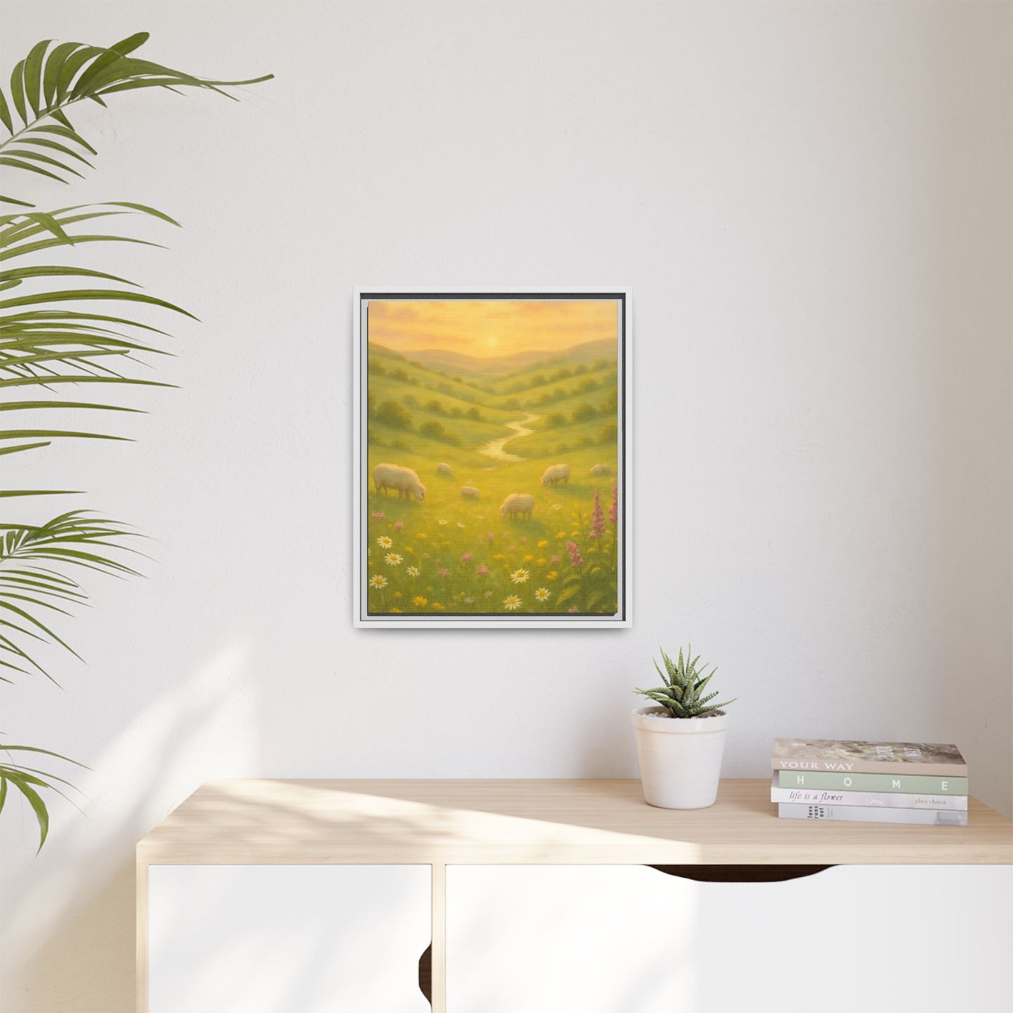 Golden Meadow Sunrise – Framed Matte Canvas Pastoral Landscape Art